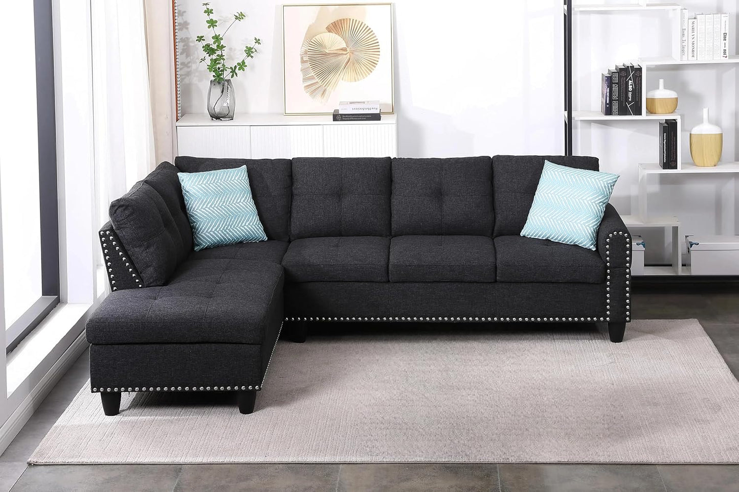Ball & Cast 98" L Shaped Sectional Couch for Living Room,4 Seat Linen Upholstered Modular Sectional Sofa Set 2 PCS with Chaise,Coffee Table,Cup Holders & Nailhead Trim Design for Home,Office,Charcoal