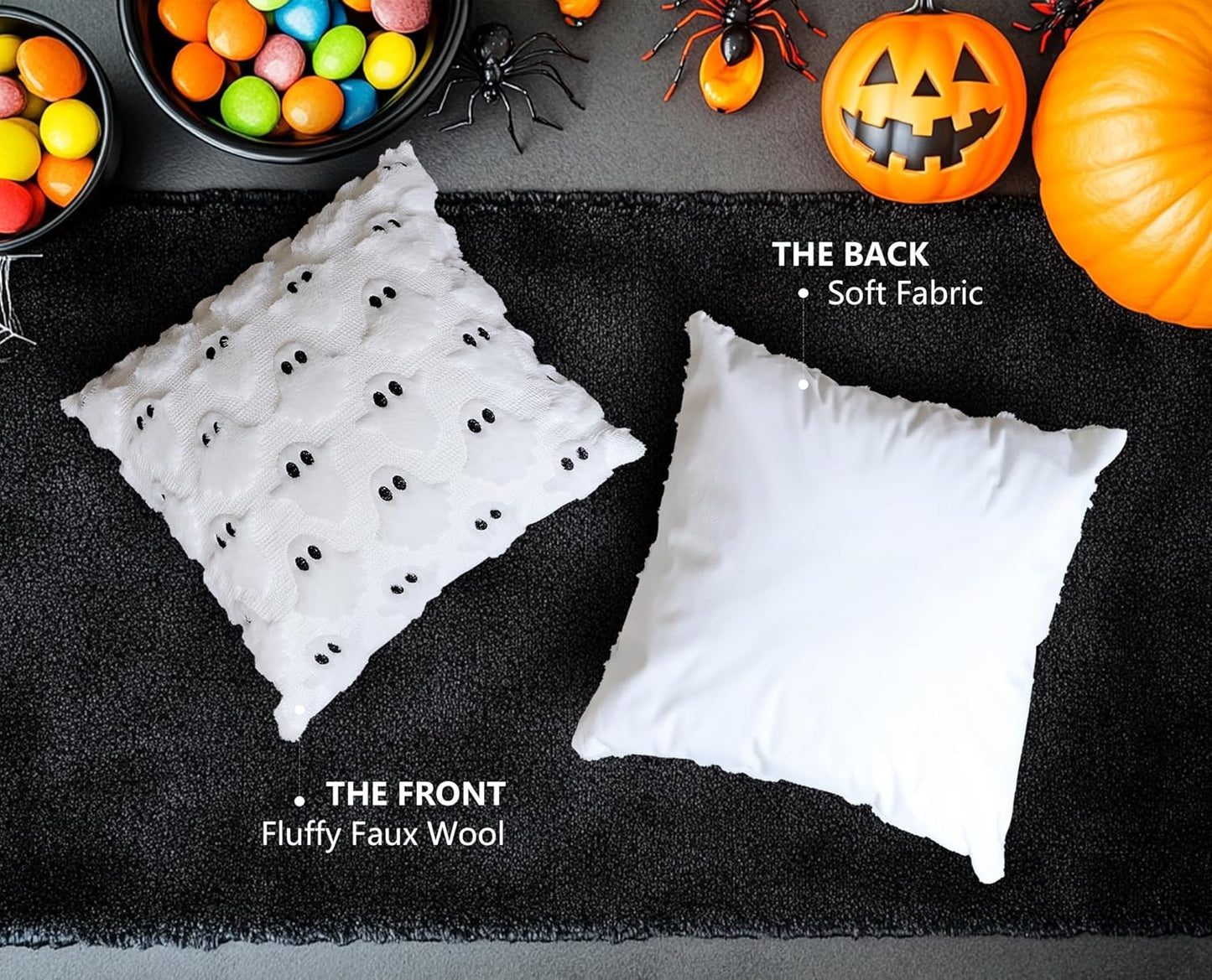 4TH Emotion Halloween Ghost Decorative Pillow Covers 20x20 Set of 2, White Soft Plush Faux Fur Farmhouse Throw Cushion Cases for Fall Autumn Holiday Home Decorations