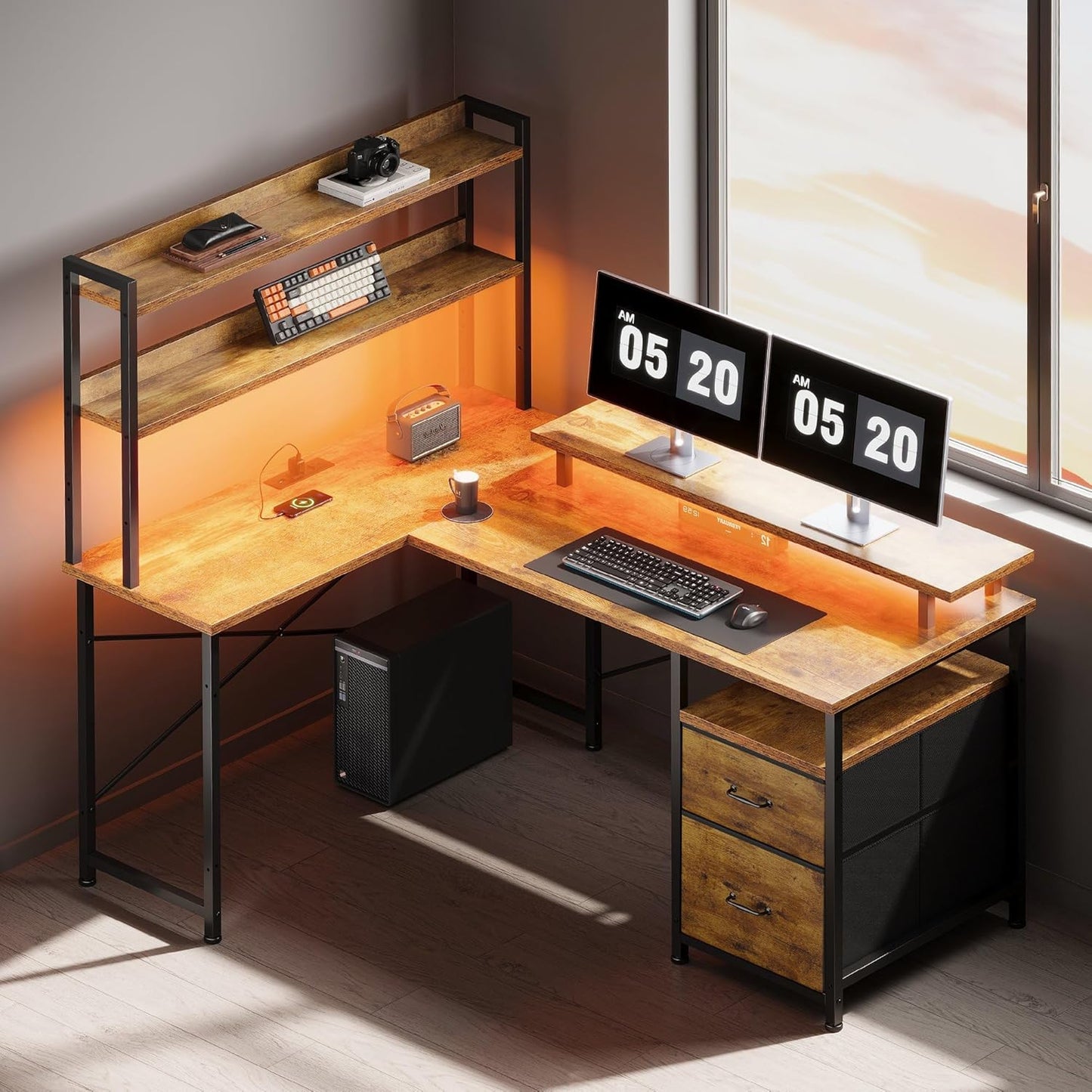 L Shaped Desk with Shelves,Reversible Computer Desk with LED Lights and Charging Station,Home Office Corner Desk with Monitor Stand,Brown2