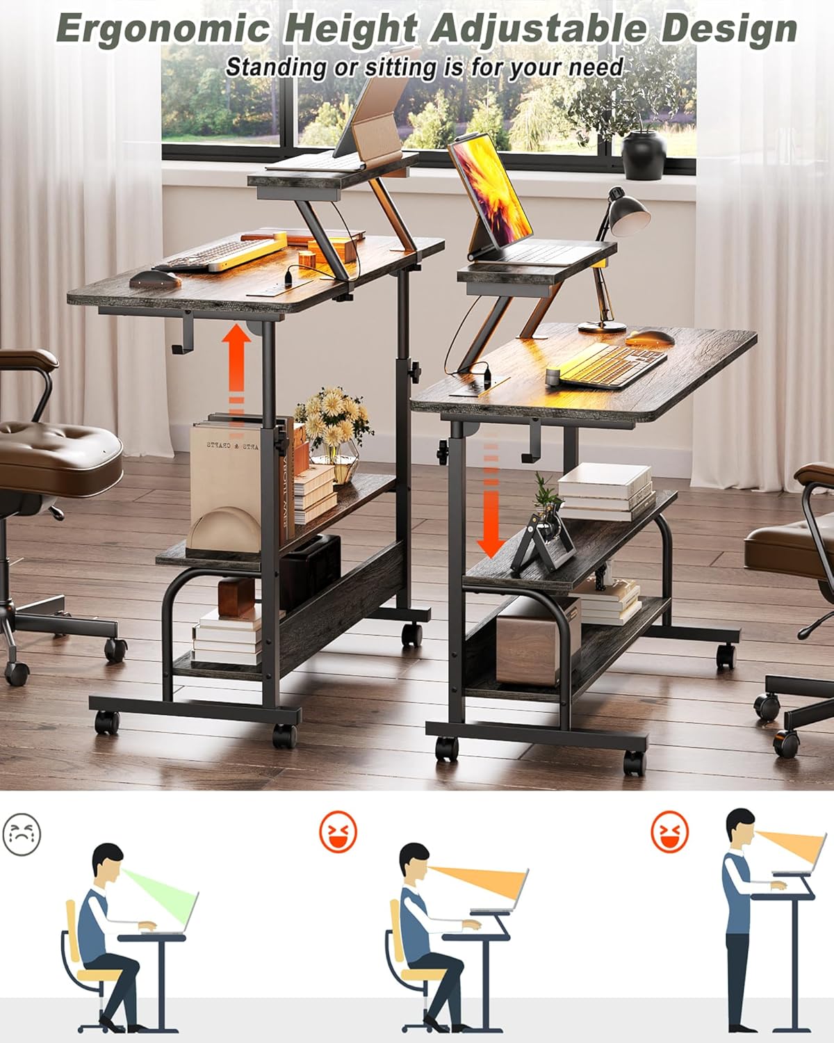 Height Adjustable Standing Desk with Power Outlets and LED Lights - 32" Manual Stand Up Desk with Monitor Stand and Storage Shelves Small Mobile Rolling Computer Desk Portable Laptop Table, Grey Oak