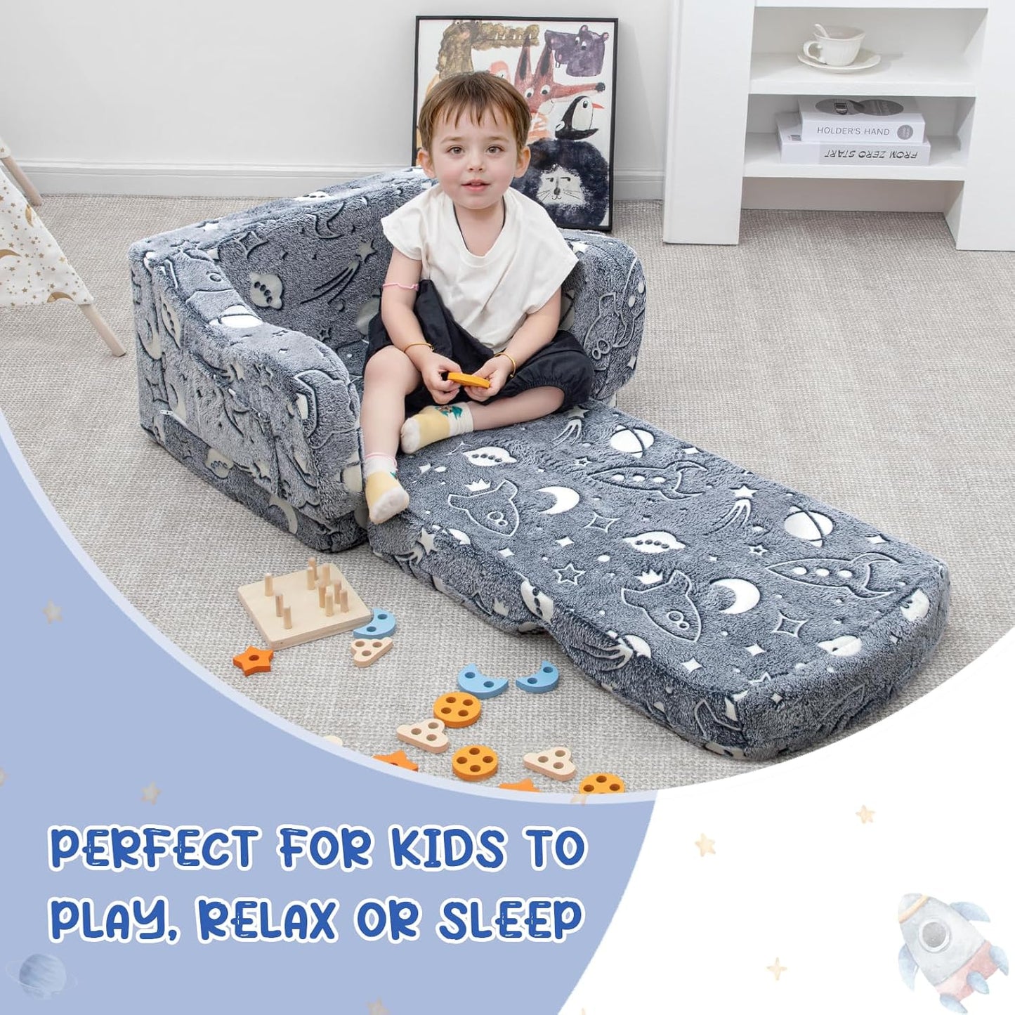 Comfy Toddler Couch and Chair for Kids with Blanket, 2-in-1 Soft Plush Fold Out Kids Sofa Chairs for Girls and Boys, Convertible Sofa to Lounger for Playroom, Glowing Starry Sky