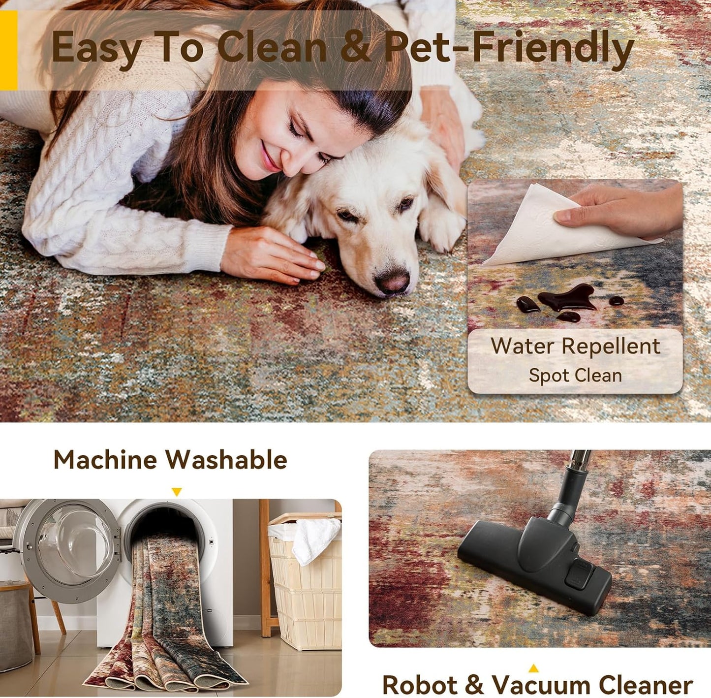 Washable Area Rugs 8'x10' Non-Slip Modern Abstract Soft for Living Room Entryway Bedroom Nursery, Print Pattern, Brown Rust Red Multi