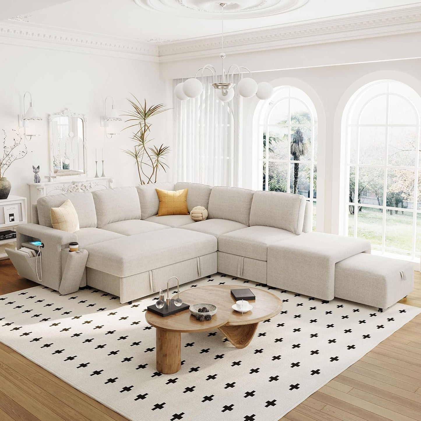 Merax L-Shaped Modular Sofa with Removable Storage Ottoman, USB Ports and Cup Holder, Upholstered Sectional Couch & Armrest, Free Combination Indoor Furniture for Living Room, Apartments, Beige