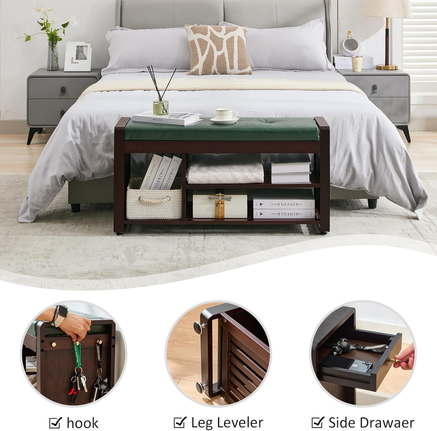 Nnewvante 37.4 inch Shoe Bench with Green Leather Cushion, 3-Tier Large Shoe Rack for Entryway Organizer, 100% Bamboo Ottoman Upholstered Bench for Hallway, Living Room, End of Bed Padded Bench