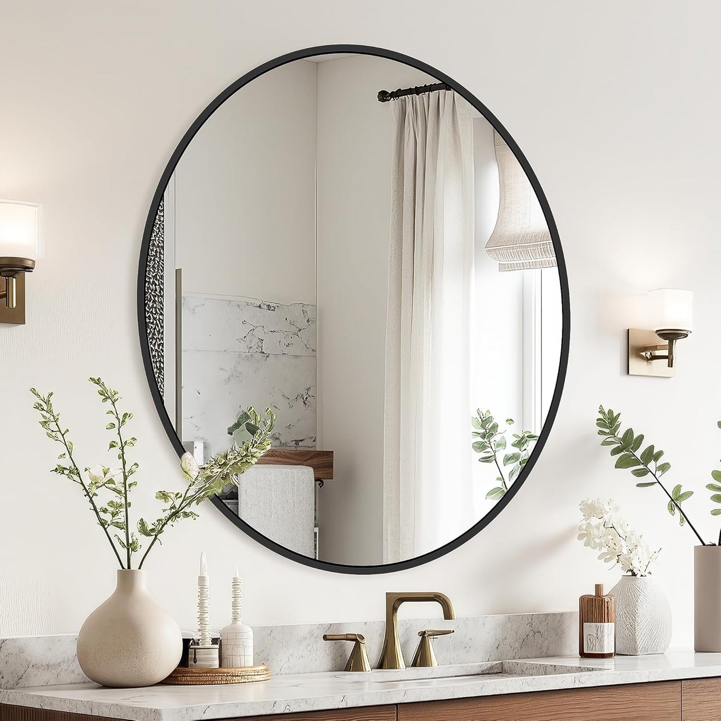 22 Inch Black Round Circle Mirror for Wall,Modern Bathroom Mirrors with Simple Metal Frame, Entryway, Bedroom Vanity, Living Room, Hallway Decor (Matte Black, Wall Mounted)
