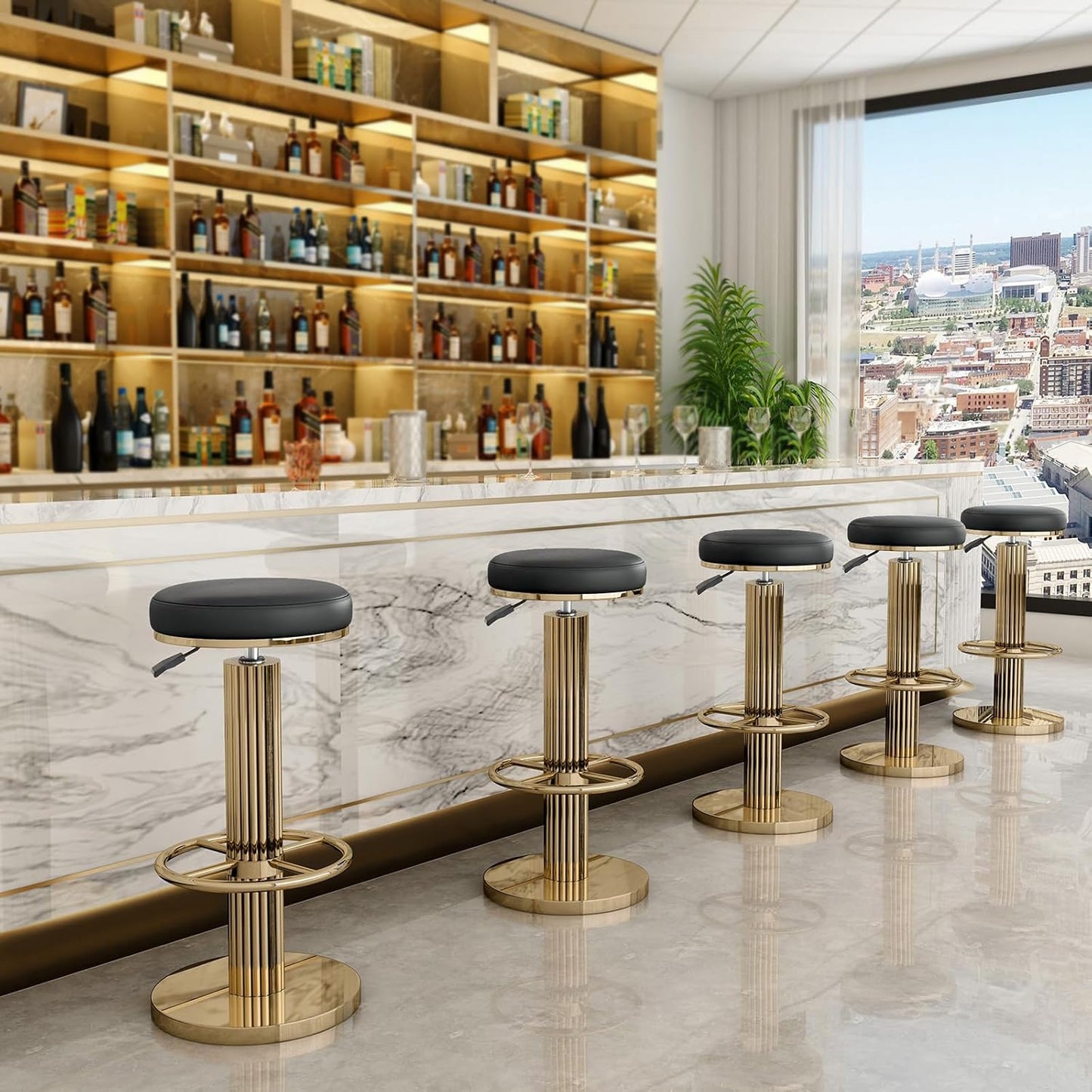 FUNROLUX Gold Bar Stools Adjustable Swivel Counter Stools Modern Backless Counter Height Bar Stools for Kitchen Island with Metal Legs and Upholstered Microfiber Leather (Black)