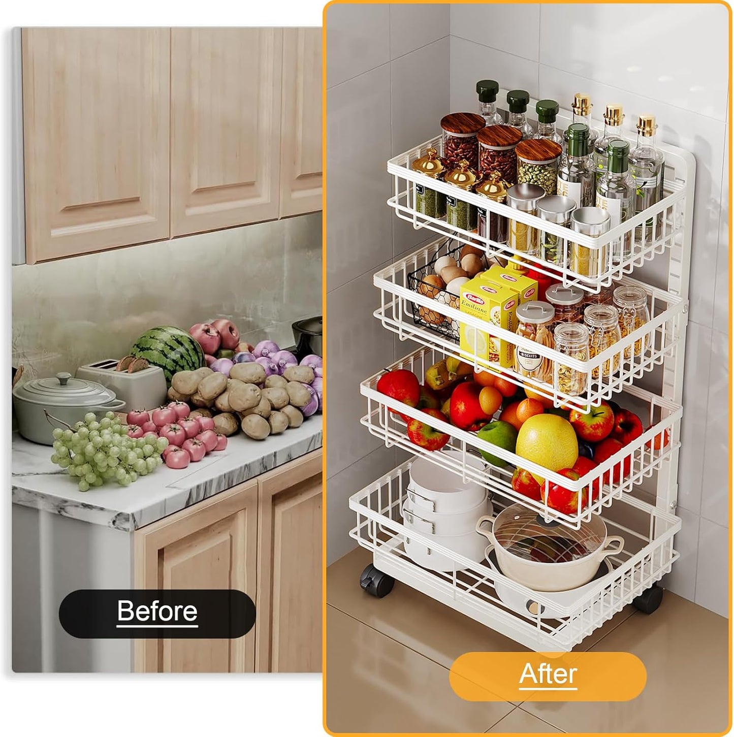 Aupekro 4-Tier Kitchen Storage Cart, Metal Utility Rolling Cart with Wheels, Versatile Rolling Storage Snack Cart, Adjustable Fruit Vegetable Basket Rack for Pantry, Bathroom, Kitchen, Office (Black)