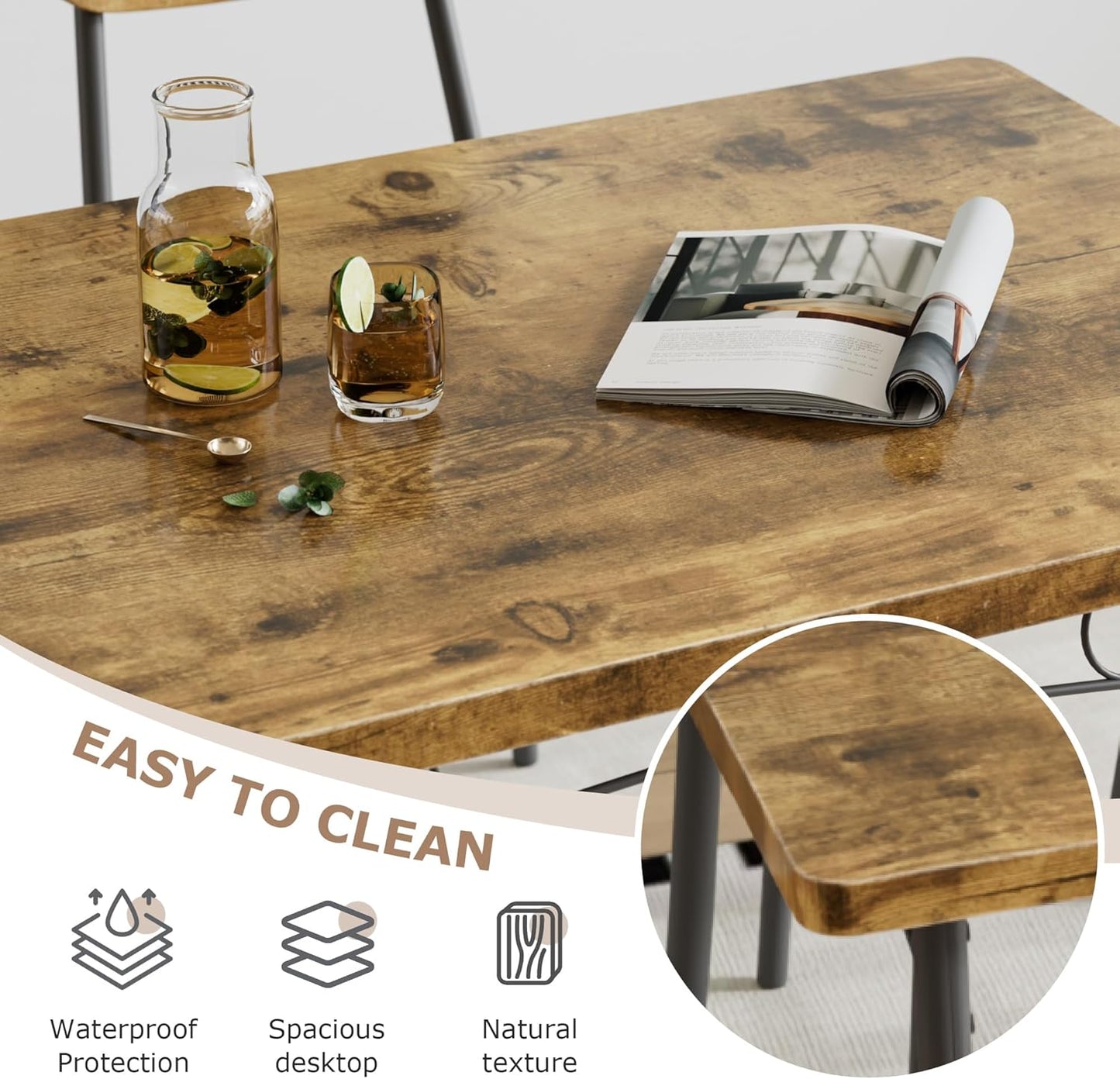 VECELO Dining Table Set for 4, 5-Piece Kitchen Table with 4 Chairs, MDF Board Tabletop with Metal Frame for Small Space, Compact Dinette, Breakfast Nook, Rustic Brown