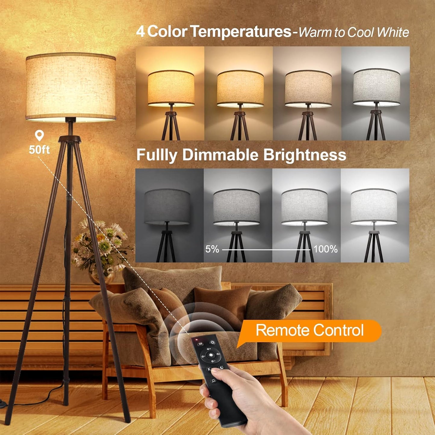 OUTON Wood Tripod Floor Lamp, Mid Century LED Dimmable Floor Lamp with Remote Control, 4 Color Temperature, Sturdy Tall Standing Lamp with Beige Linen Texture Shade for Living Room, Bedroom, Office