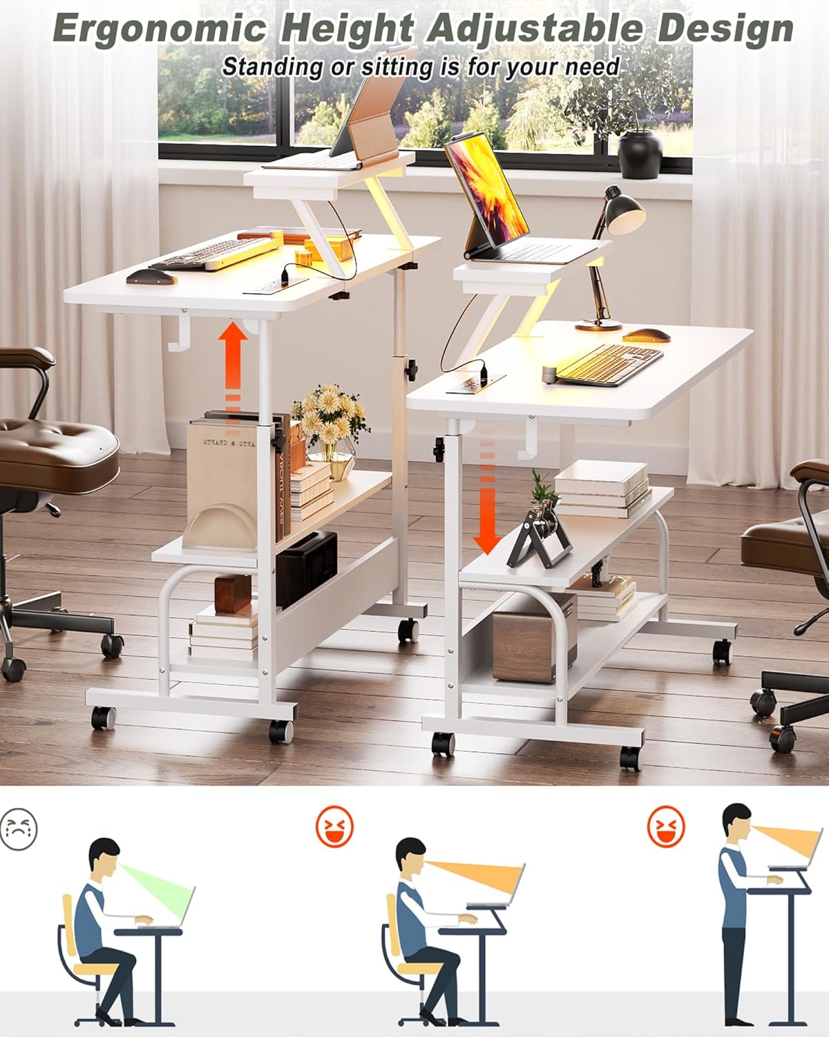 Height Adjustable Standing Desk with Power Outlets and LED Lights - 32" Manual Stand Up Desk with Monitor Stand and Storage Shelves Small Mobile Rolling Computer Desk Portable Laptop Table, White