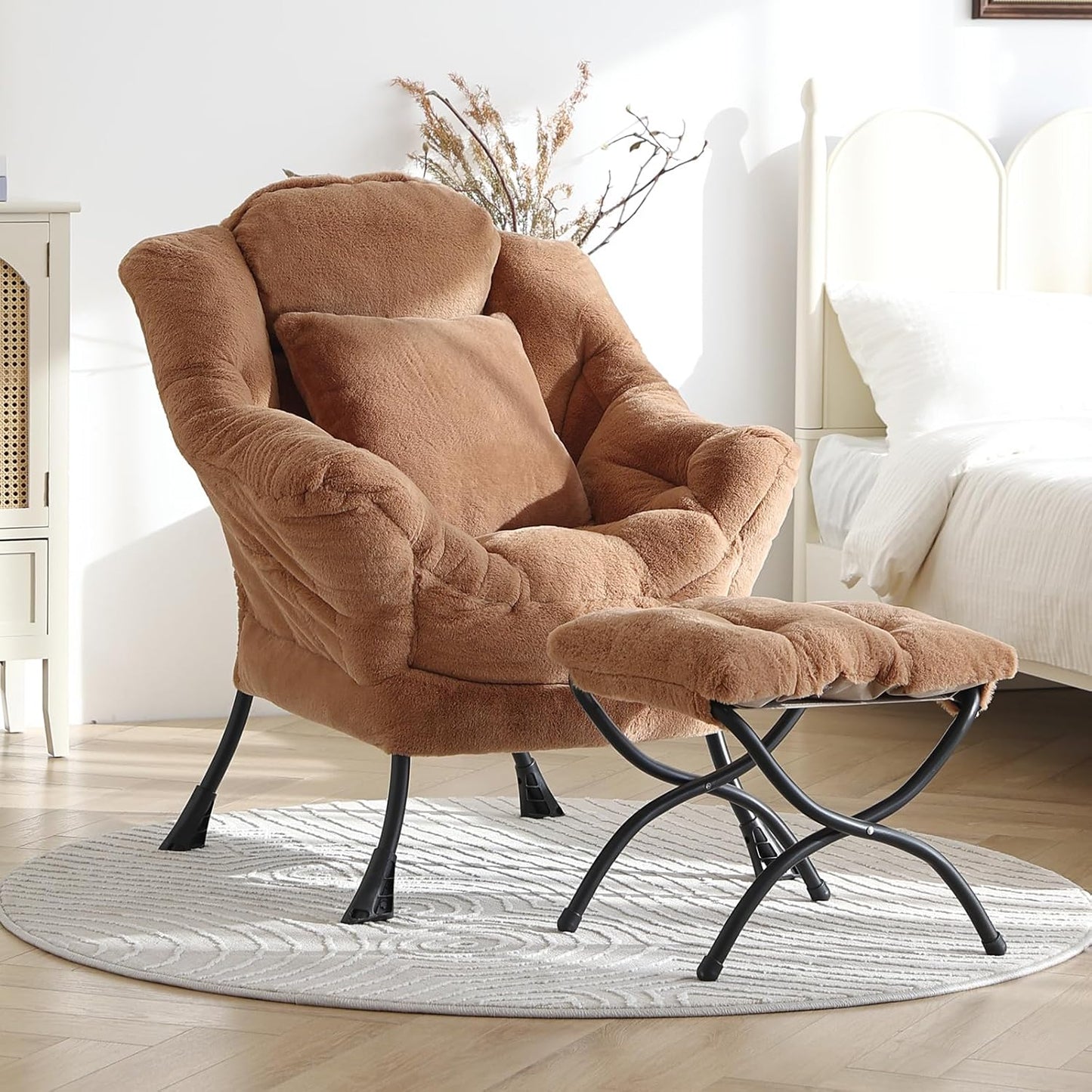 Lazy Chair with Ottoman, Reading Chair with a Pillow, Leisure Sofa Armchair with Ottoman, Large Accent Lounge Chair for Bedroom, Living Room, Dorm Room, Plush Brown