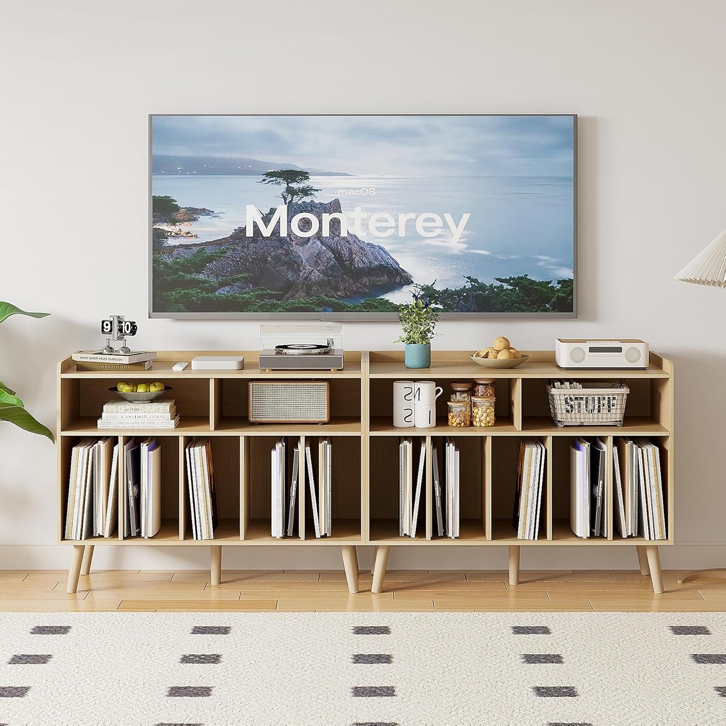 ChooChoo Record Player Stand, Turntable Stand with Vinyl Storage, Record Player Cabinet Up to 350 Albums, Cube Storage Organizer for Living Room, Natural