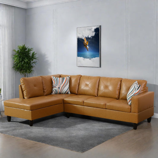 L-Shaped Sectional Sofa with Ottoman, Right-Facing Leather Modern Couch for Living Room, Bedroom, Office, Ginger Black