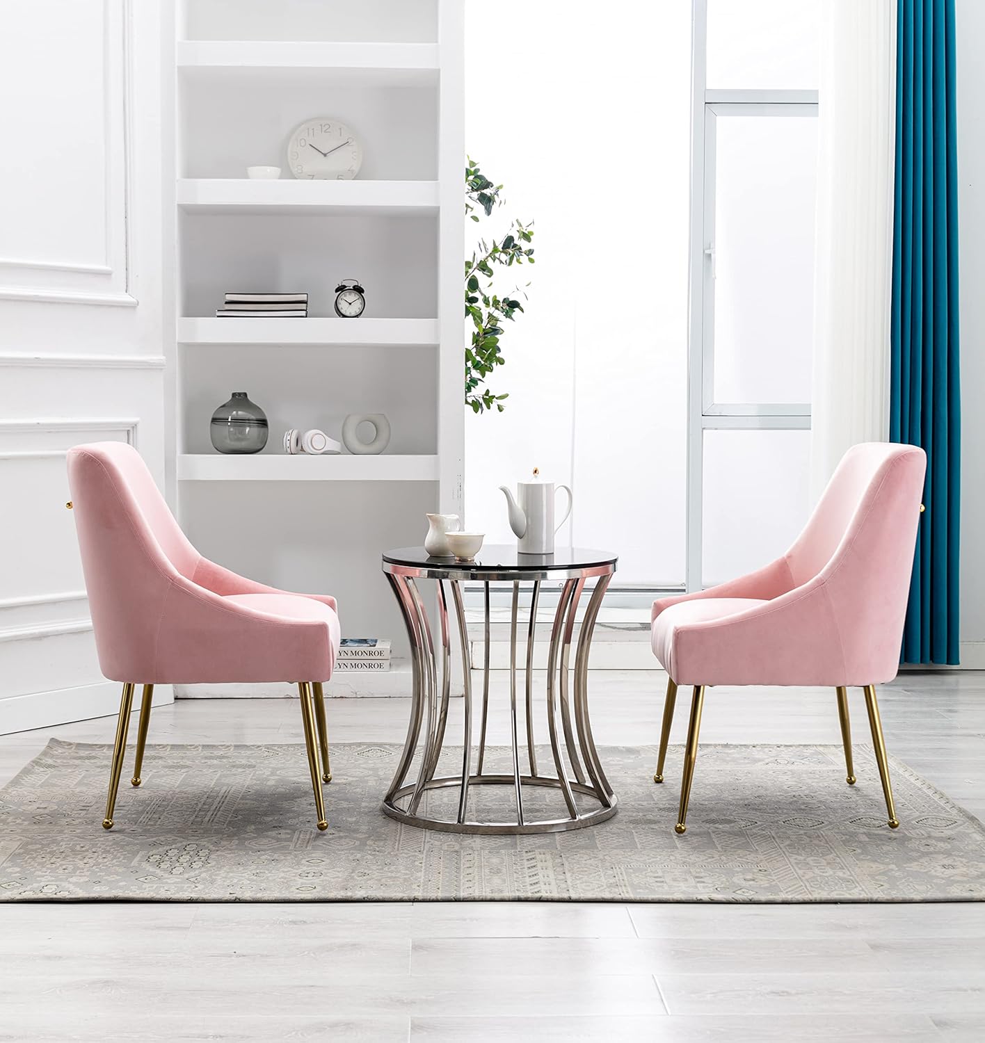 Velvet Dining Chairs Set of 2, Furniture Collection Modern Contemporary Upholstered with Polished Gold Metal Legs(Pink)