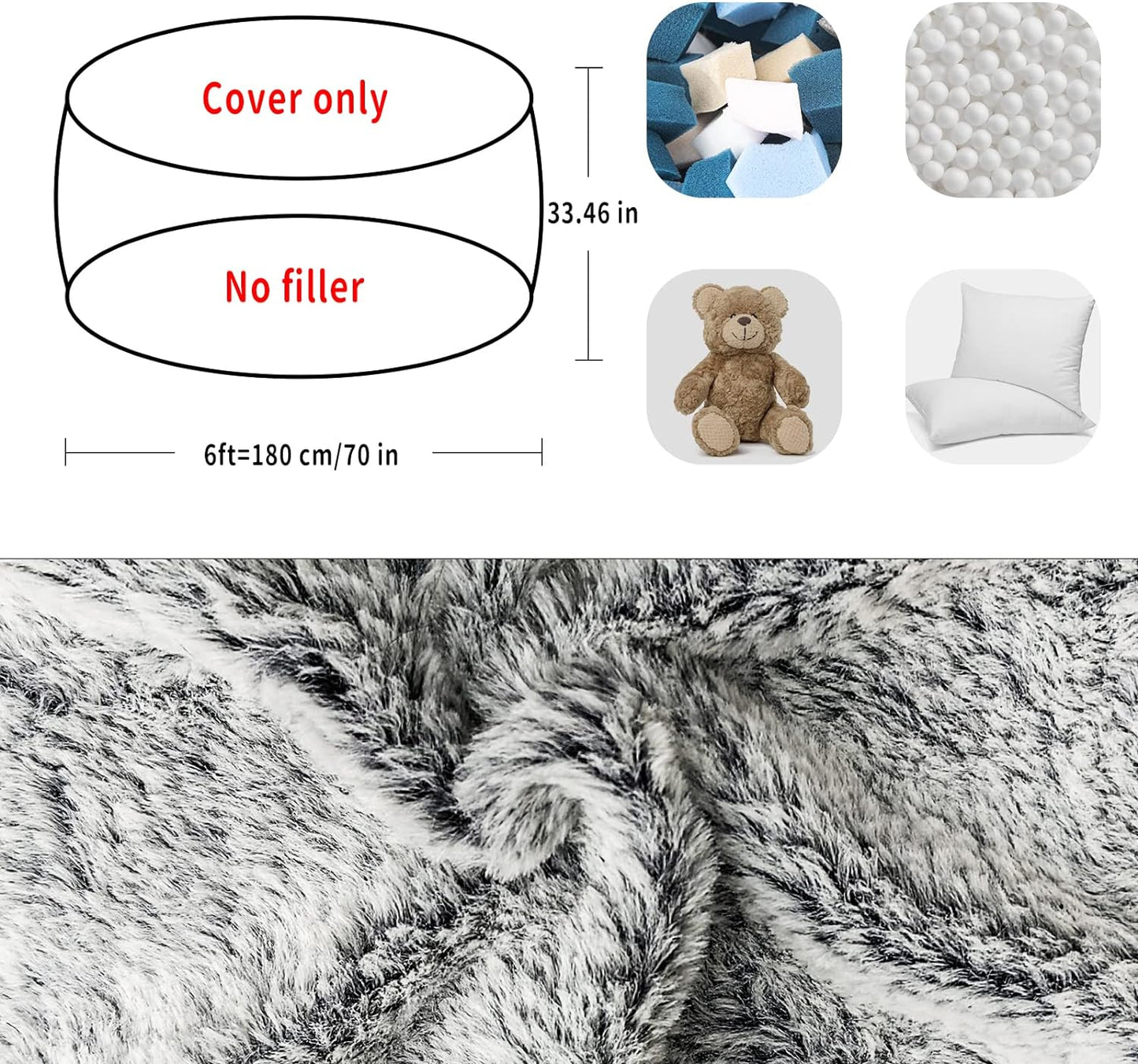 (No Filler) Bean Bag Chair Cover Without Filler,Big Round Soft Fluffy PV Velvet Washable Bean Bag Lazy Sofa Bed Cover for Adults,Living Room Bedroom Furniture Outside,6ft Dark Grey