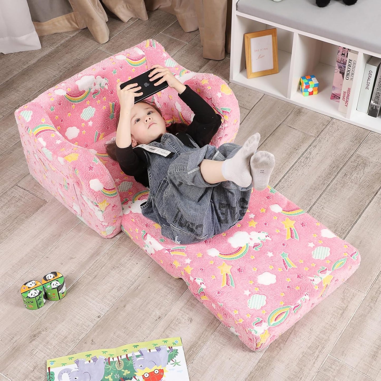 Unicorn Glow in The Dark Toddler Couch, 2-in-1 Toddler Soft Couch Fold Out with Star Pillow, Convertible Sofa to Lounger for Girls and Boys, 1-Seat