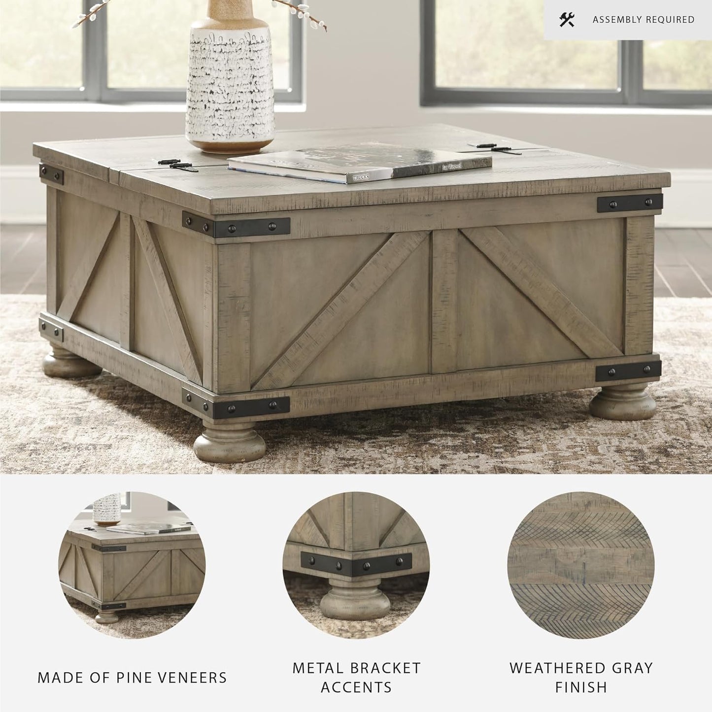 Signature Design by Ashley Aldwin Farmhouse Square Coffee Table with Lift Top for Storage, Grayish Brown