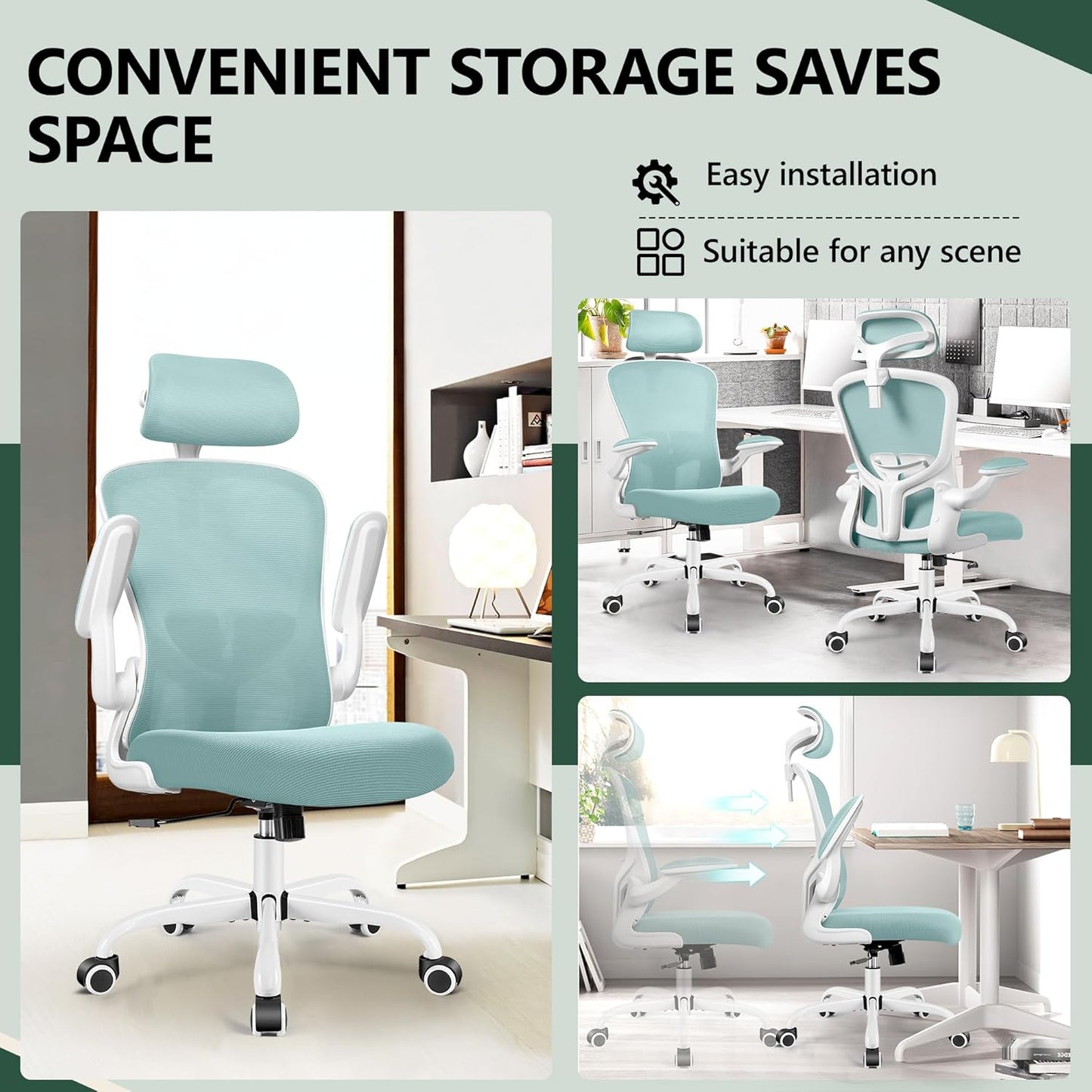 FelixKing Ergonomic Office Chair with Adjustable High Back, Breathable Mesh, Lumbar Support, Flip-up Armrests, Executive Rolling Swivel Comfy Task Computer Chair for Home Office (Light Blue)