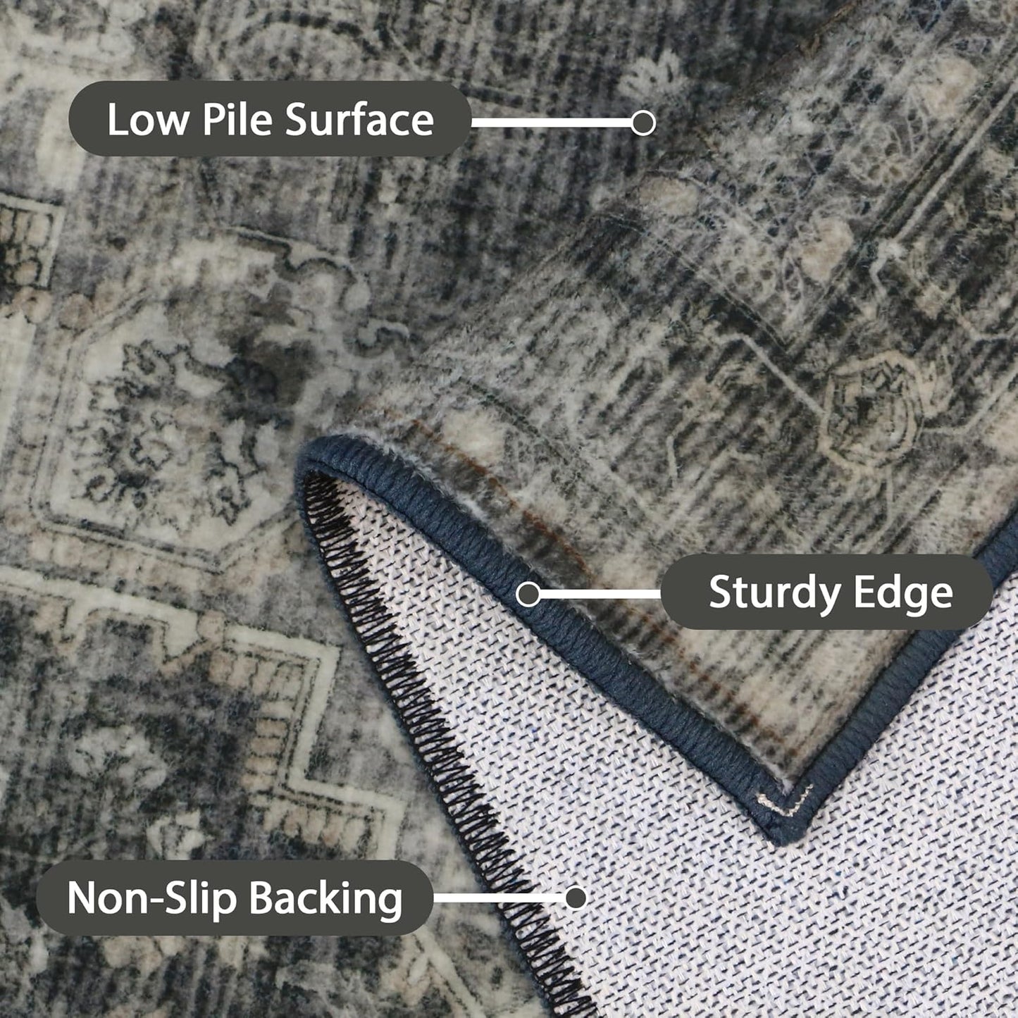 GENIMO 7'6''x9'6'' Area Rugs for Living Room, Machine Washable Non Slip Vintage Rugs, Low Pile Lightweight Chenille Print Rug for Bedroom, Dining Room, Home Office,Charcoal Gray