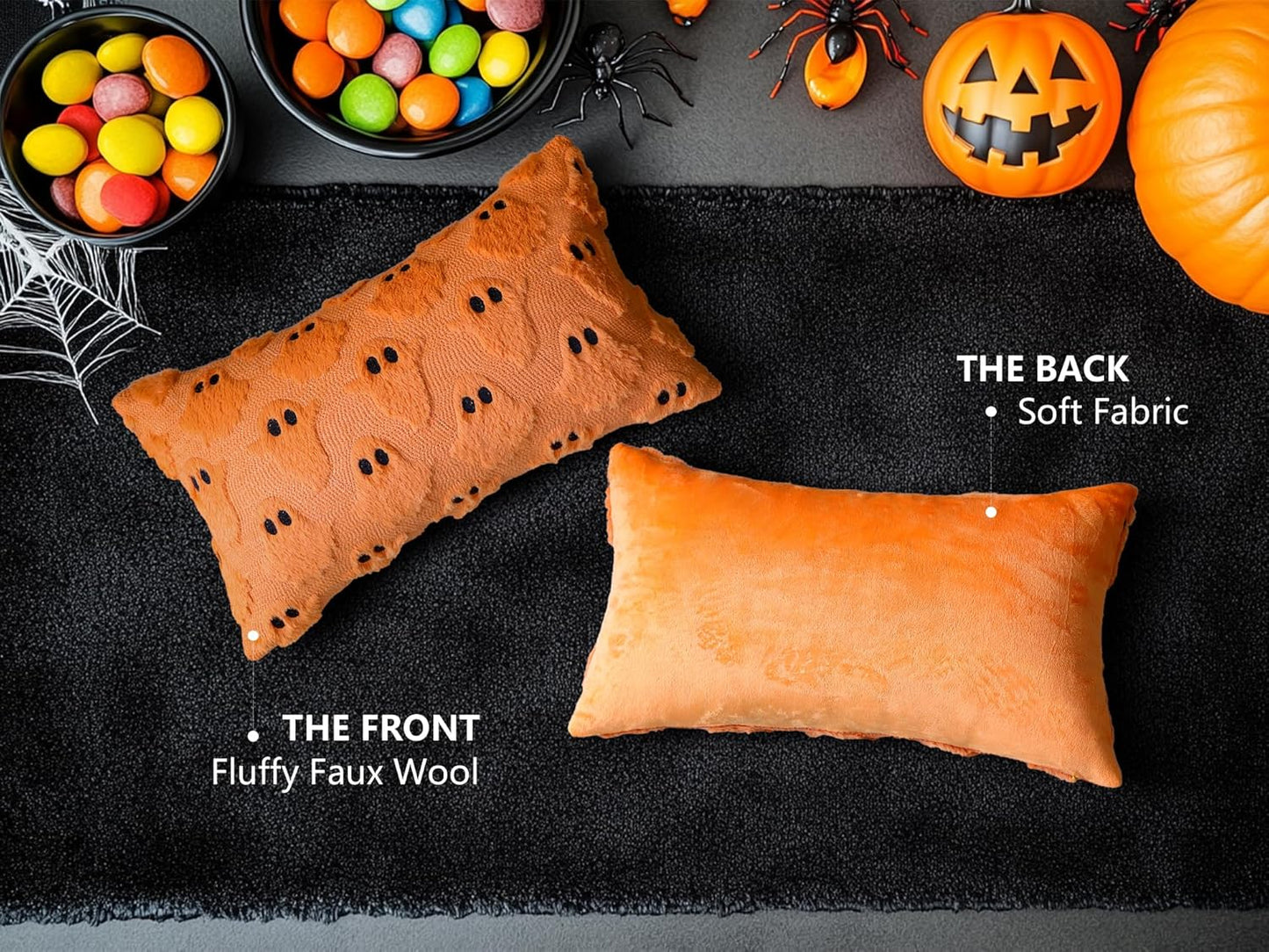 4TH Emotion Halloween Ghost Decorative Lumbar Pillow Covers 12x20 Set of 2, Orange Soft Plush Faux Fur Farmhouse Throw Cushion Cases for Fall Autumn Holiday Home Decorations
