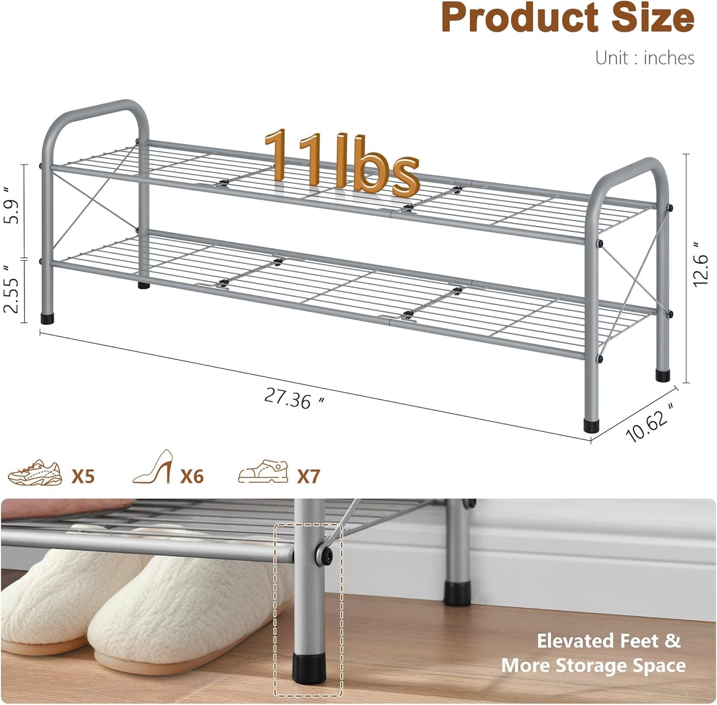 Hoctieon 2 Tier Shoe Rack for Closet, Durable Mesh Style Shoe Rack, Entryway Shoe Shelf, Shoe Storage Organizer for Hallway, Bedroom, Living Room, Wardrobe, Grey