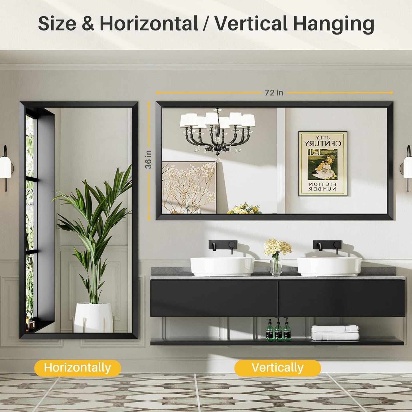 72x36 Inch Black Bathroom Mirror for Wall, Thick Metal Framed Rectangle Mirrors for Over Sink, Bedroom, Living Room, Entryway, Anti-Rust, HD Tempered Glass