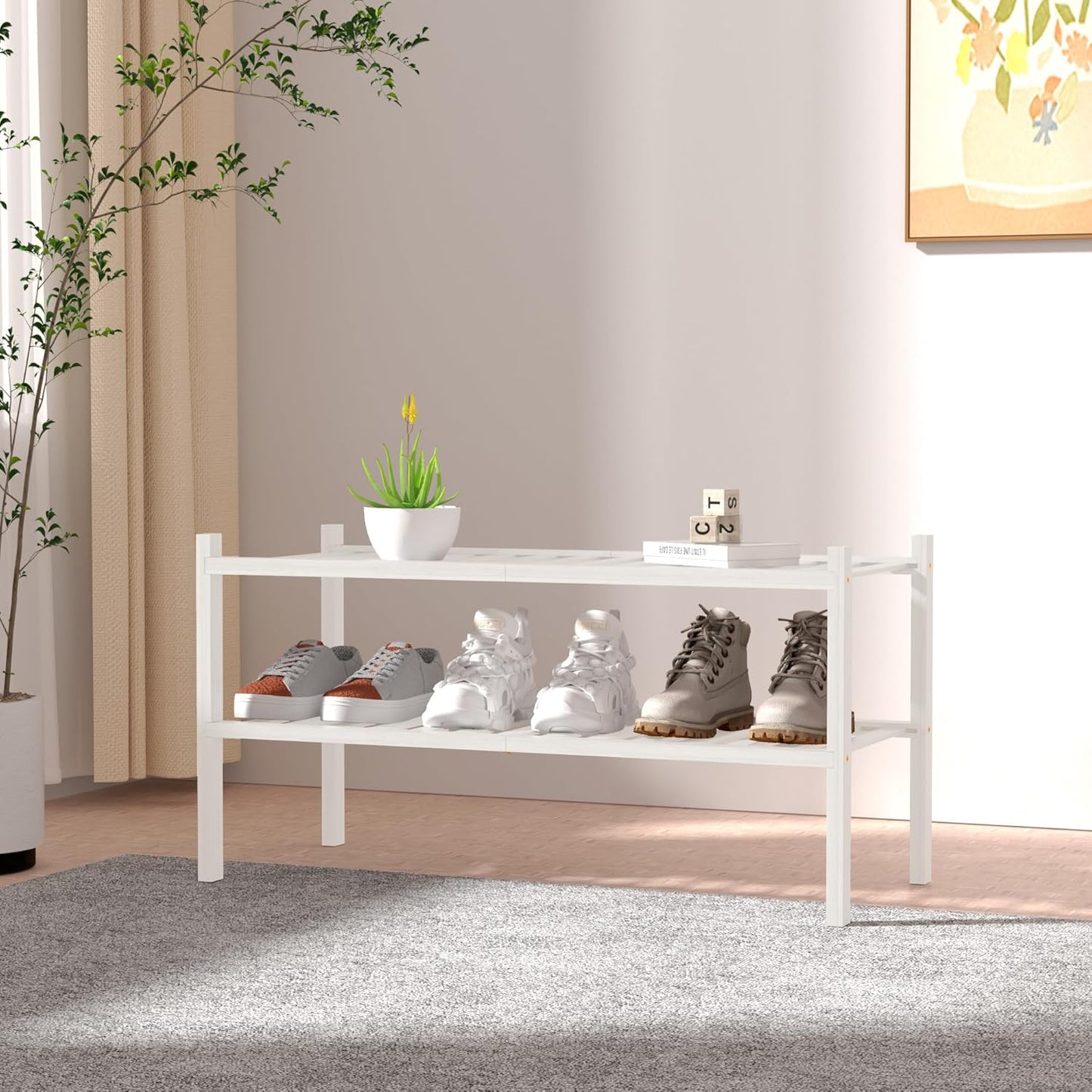 2 Tier Bamboo Shoe Rack for Closet Free Standing Wood Shoe Shelf for Entryway Small Space Stackable 27"x11"x13" (White)