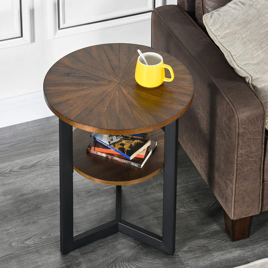 MODERION Small Round End Table with Storage Shelf, Circular Solid Wood Sofa Side Metal Leg, 2-Tier Telephone Table, Nightstand, 24''H x 19.3''D for Living Room Bedroom Entryway Rustic Brown BZ1338NC