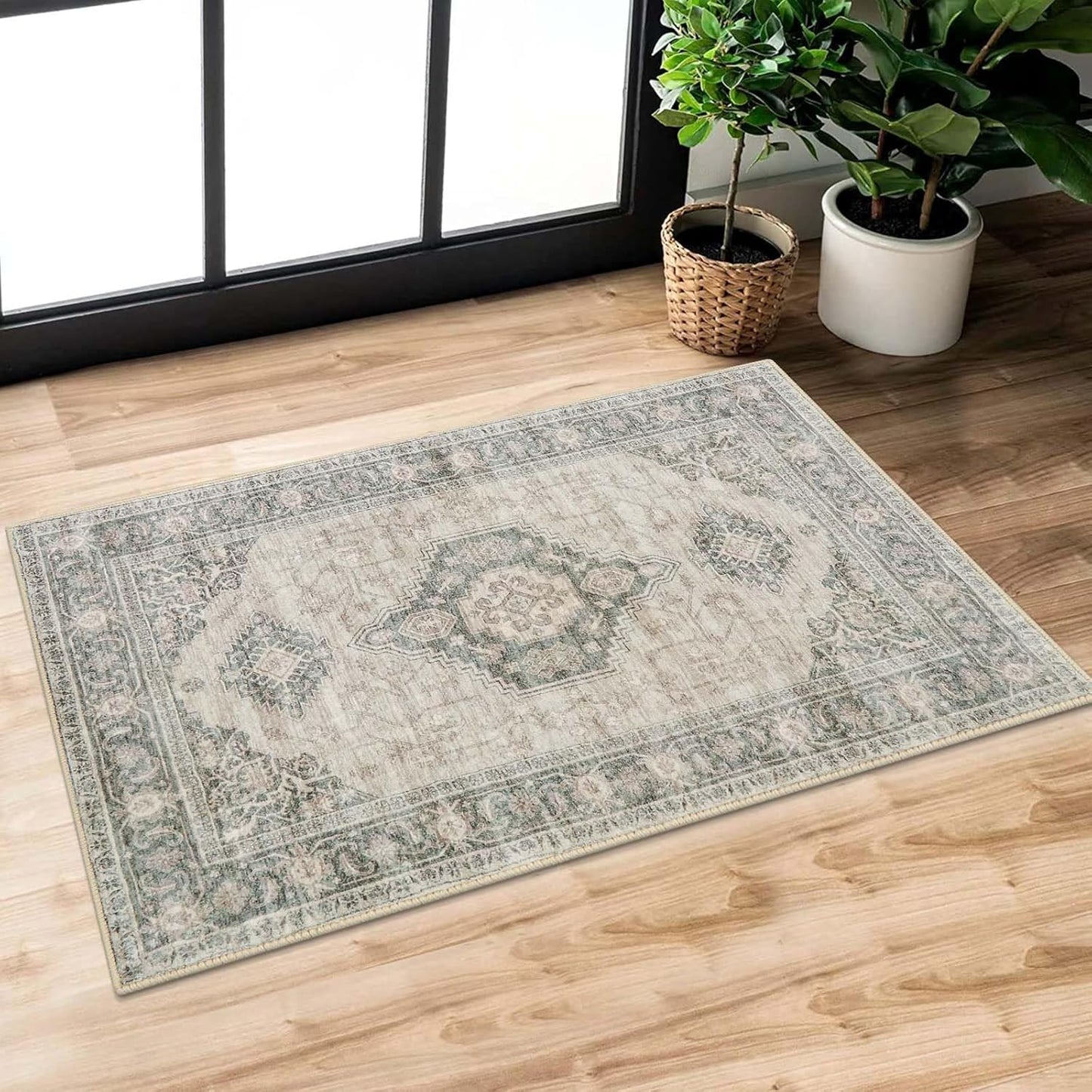 Lahome Oriental Kitchen Rugs Non Slip, 2x3 Small Rugs for Bedroom Entryway, Soft Door Mat Indoor Entrance Vintage Ultra-Thin Carpet for Kitchen Bathroom Bedroom, Grey/Brown