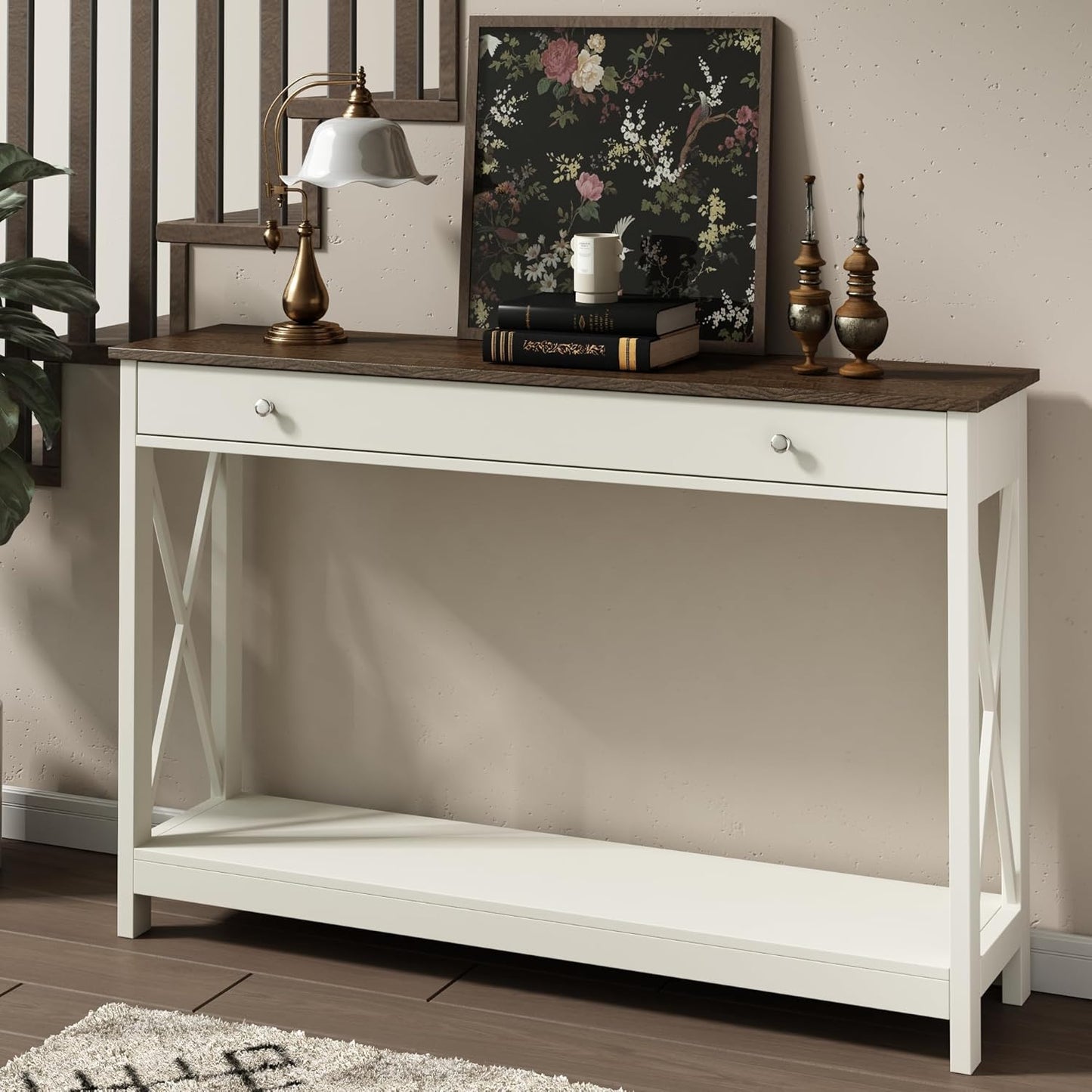 Treocho 47" Farmhouse Console Table with Drawer and Storage Shelves, Foyer Sofa Table Narrow for Entryway, Living Room, Hallway, Soft White