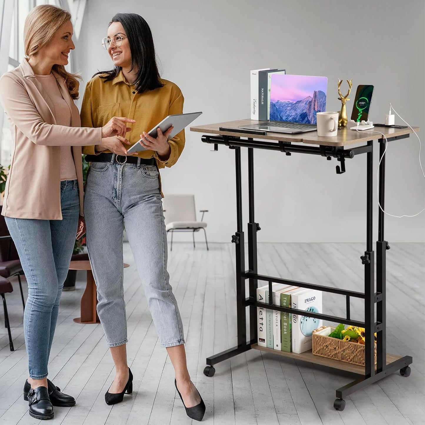 Hadulcet Stand Up Desk, Rolling Desk Adjustable Height, Mobile Standing with Wheels & Charging Station Grey or Rustic Brown