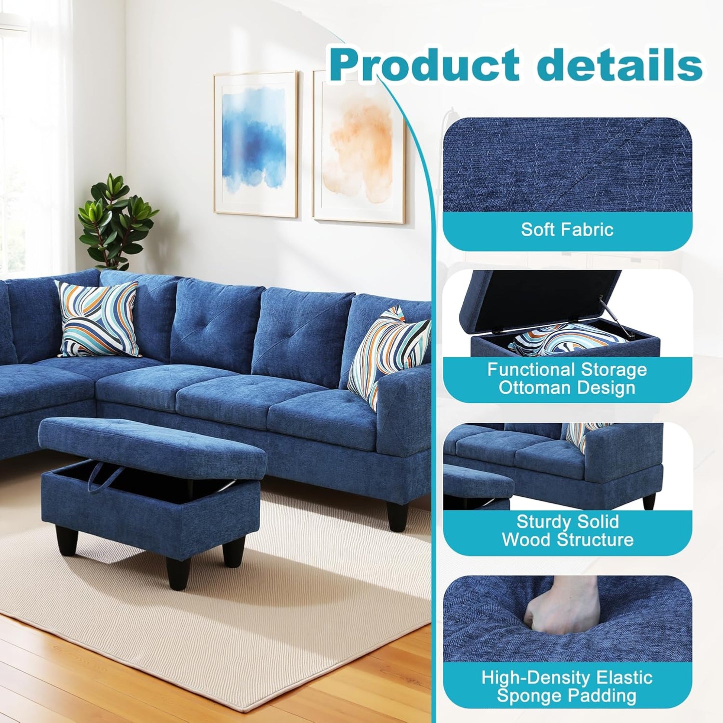 L Shaped Couch Modern Sectional Couch Upholstered Linen Fabric 3 Pieces Sofas for Living Room with Chaise, Storage Ottoman for Office and Small Apartment, Blue