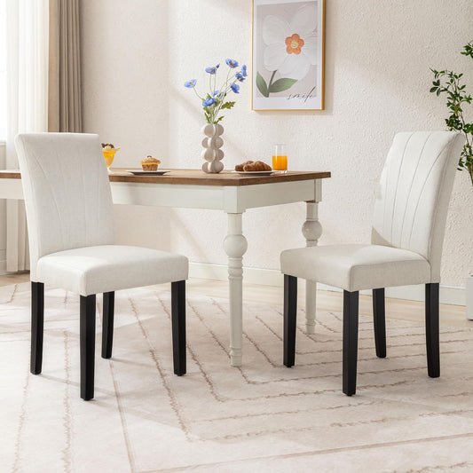 VECELO Upholstered Dining Chairs Set of 2, Modern Fabric and High Back & Solid Wood Legs, Parsons for Kitchen/Living Room- Beige