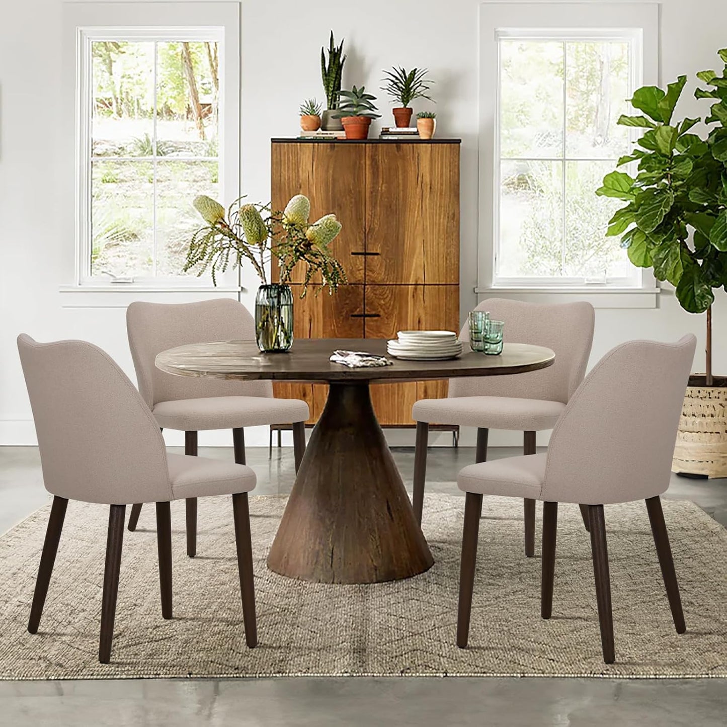 COLAMY Upholstered Dining Chairs Set of 6, Modern Fabric Dining Room Kitchen Side Chair with Padded Seat and Wood Legs for Restaurant/Cafe, Camel