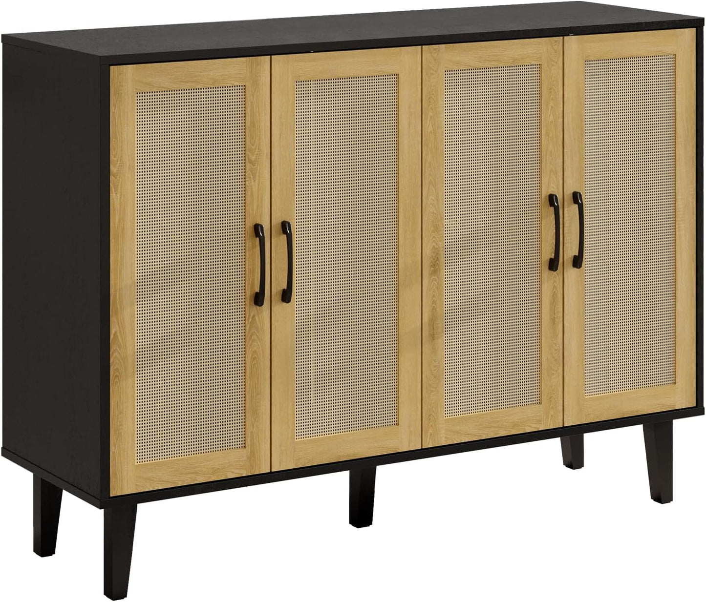 Storage Cabinet with Rattan Trim - 4 Door Sideboard Buffet Cabinet with Storage, Accent Cabinet with Shelves for Bathroom, Coffee Bar, Kitchen, Living Room, Hallway (Black)
