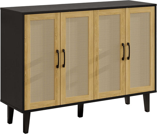 Storage Cabinet with Rattan Trim - 4 Door Sideboard Buffet Cabinet with Storage, Accent Cabinet with Shelves for Bathroom, Coffee Bar, Kitchen, Living Room, Hallway (Black)
