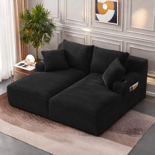Oversized Sectional Double Chaise Lounge, Compressed Boneless Lounge Chaise with Cupholders, Boneless Sofa with Deep Seat, Fluffy Modern Sleeper Loveseat for Indoor Living Room, Black