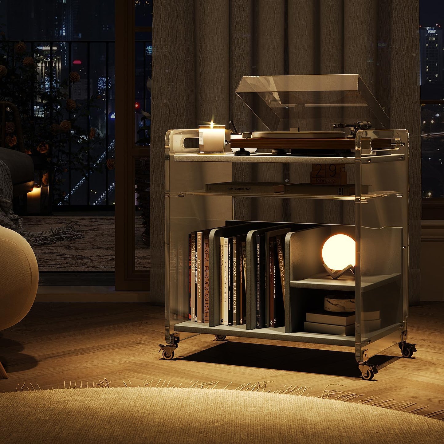 Acrylic Record Player Stand，Vinyl Storage Holder Cabinet with Wheels，Large Turntable Stand with Shelf,Coffe Table Movable End Table Nightstand Stereo Cabinet for Living Room Bedroom Office