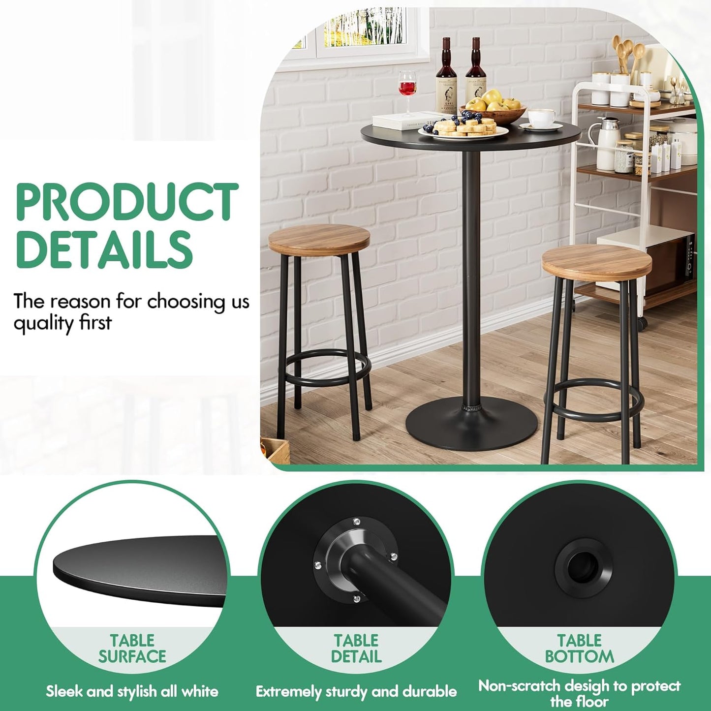 Shahoo Round Bar Table, Cocktail Tables with Metal Base & MDF Top, for Bistro Pub, Cafe, Black