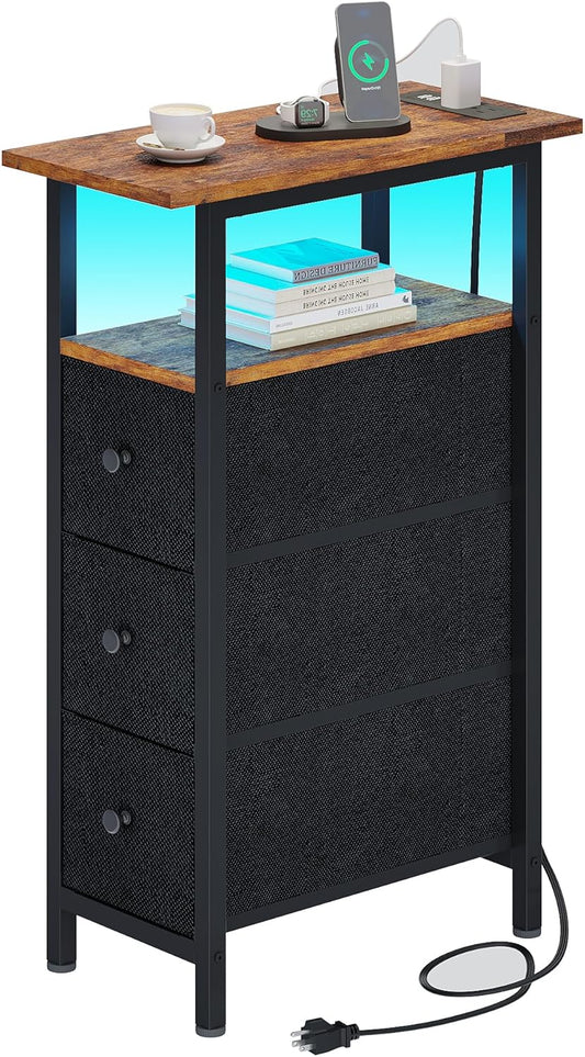 End Table with Charging Station, Narrow Side Table with 3 Fabric Drawers, Skinny Nightstand with LED Light, Slim Bedside Table for Bedroom, Living Room, Small Spaces, Rustic Brown and Black