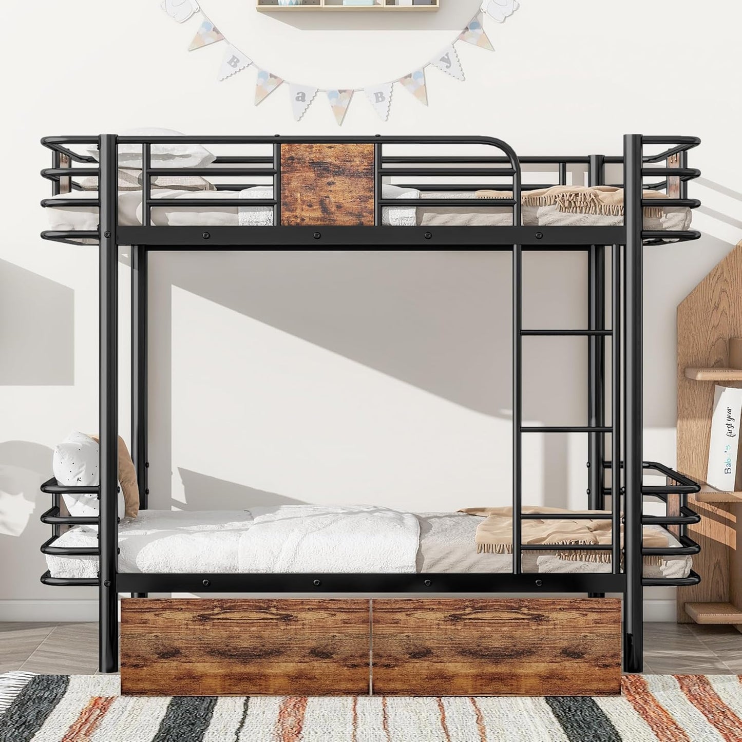 Twin XL Over Twin XL Metal Bunk Bed with MDF Board Guardrail,an Integrated Ladder,Full-Length Guardrails and Two Storage Drawers,Industrial Modern bunk-Bed,No Box Spring Needed,Black