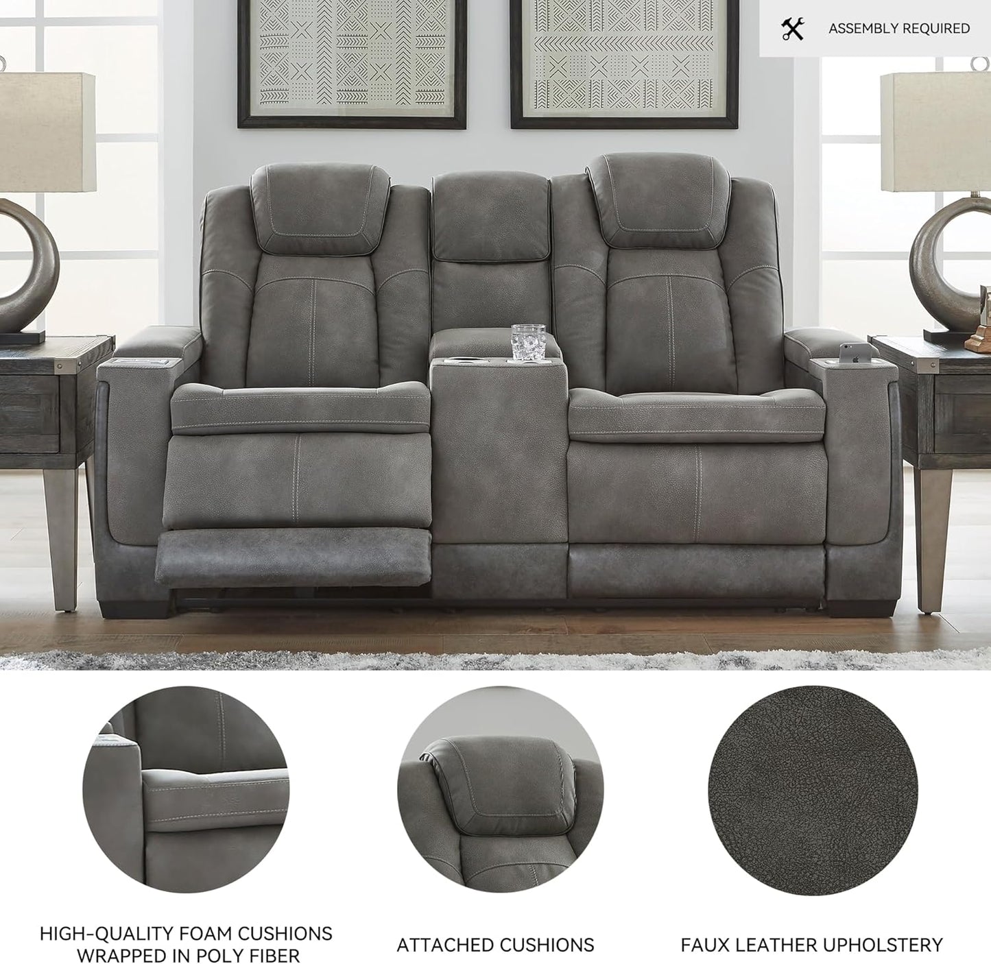 Signature Design by Ashley Next-Gen DuraPella Modern Faux Leather Power Reclining Loveseat with Console & Adjustable Headrest, Gray