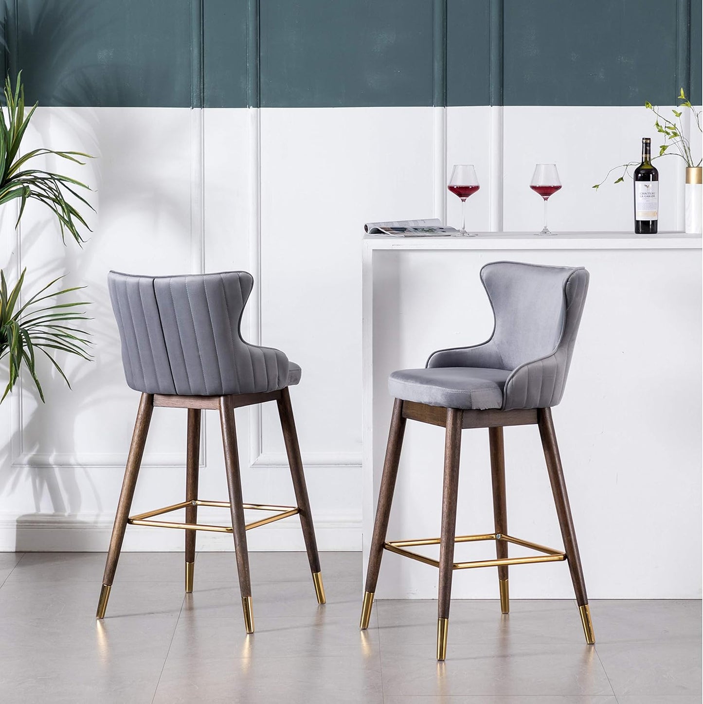 Roundhill Furniture Leland Fabric Upholstered Wingback Bar Stools, Set of 2, Gray
