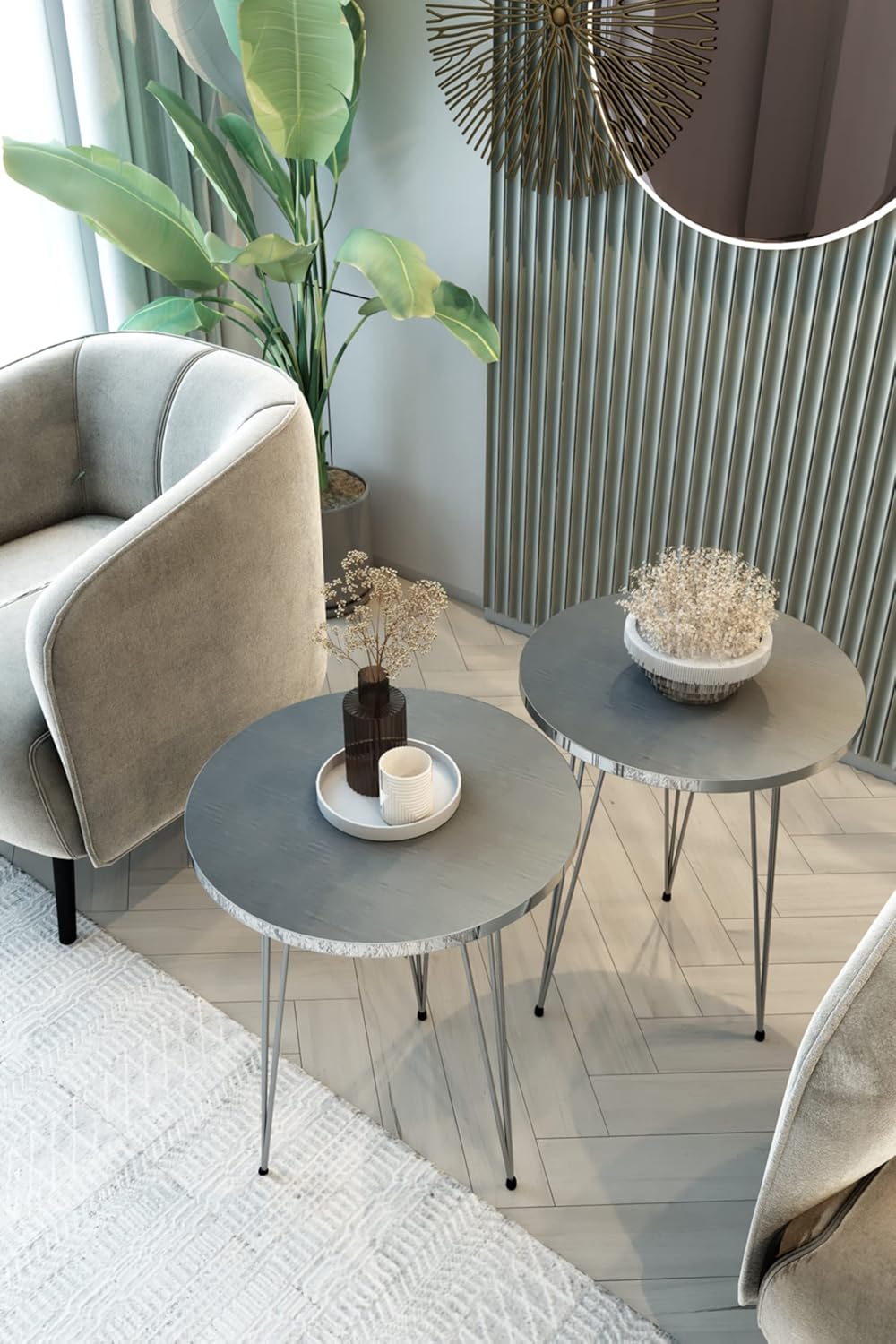 PAK HOME - Set of 2 End Table - High Gloss Grey Wood Round Sofa Side Coffee Tables for Small Spaces, Nightstand Bedside Table with Metal Silver Legs for Small Spaces