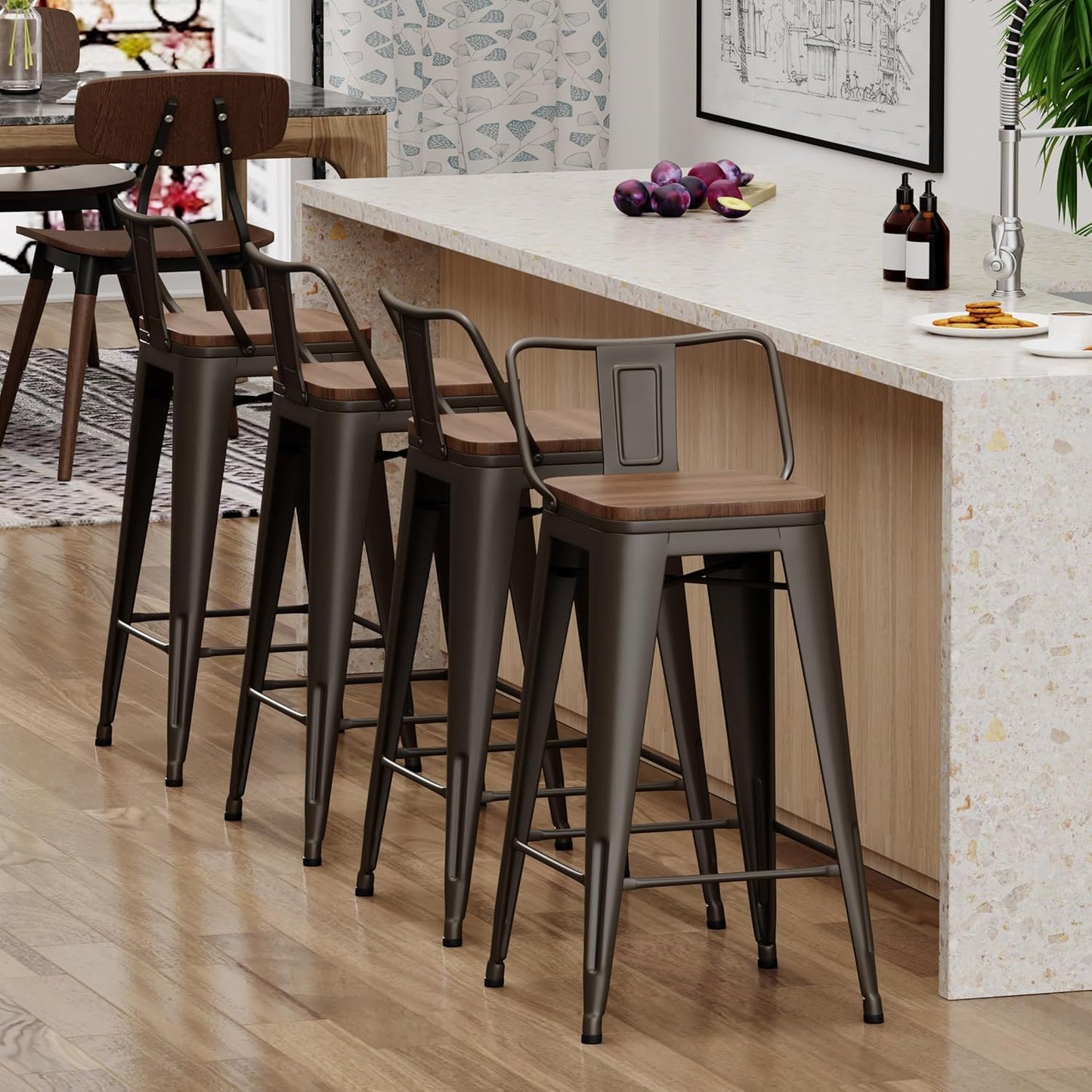 Yongchuang 30 inch Bar Stools Set of 4 Bar Height Metal Barstools with Wood Seat Low Back Kitchen Bar Chairs Gunmetal