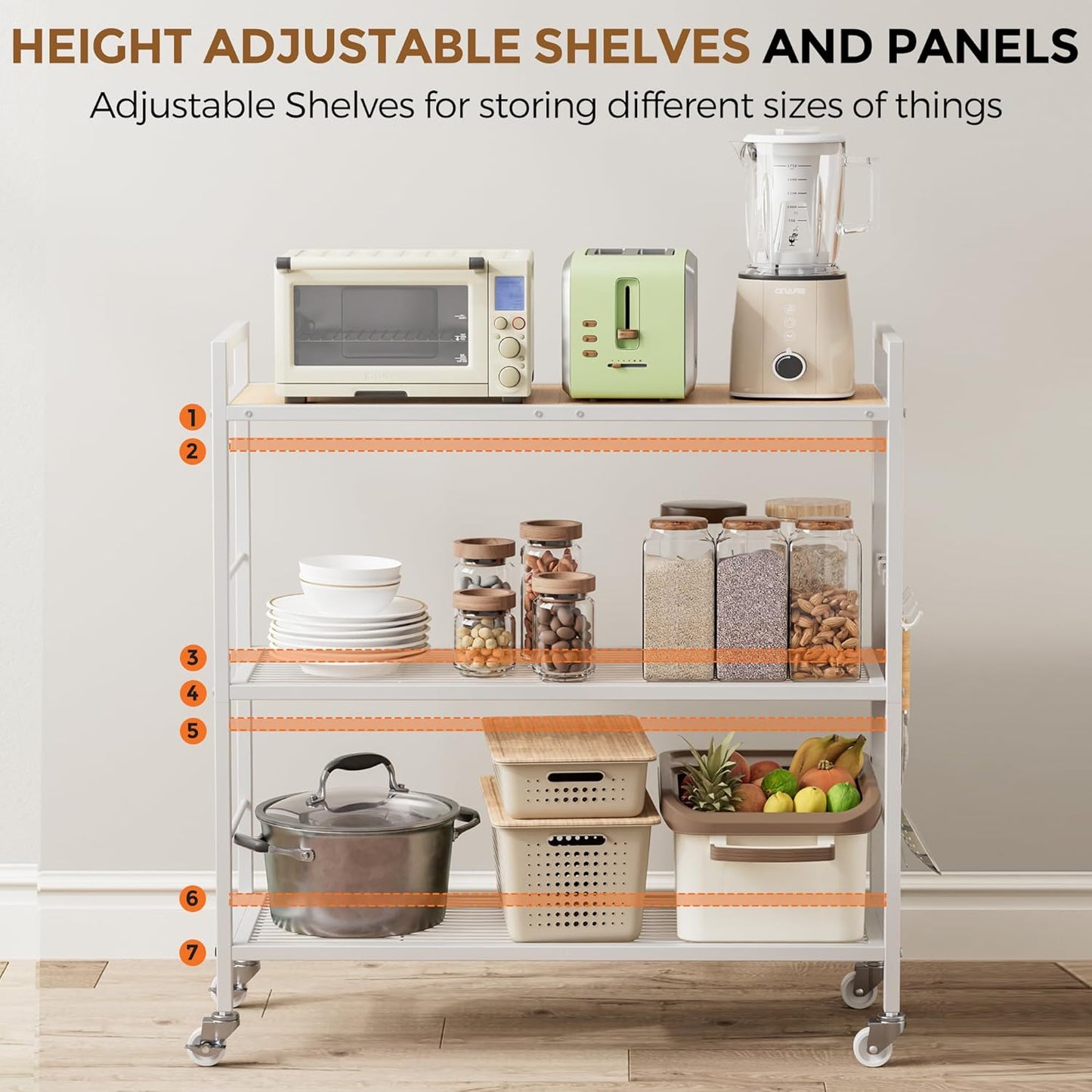 3-Tier Metal Storage Rack with Industrial Wheels,Mesh Shelving Unit with Wooden Table top,Adjustable Shelf,31.5-Inch Width, for Kitchen, Laundry,Pantry,Plant,Oak panel and white frame