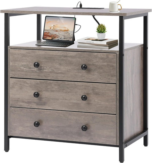 3 Wooden Drawers Night Stand, 27 Inch Wide Nightstand with Charging Station and Adjustable Drawers, Bedside Table for Living Room/Bedroom/Office, Gray.