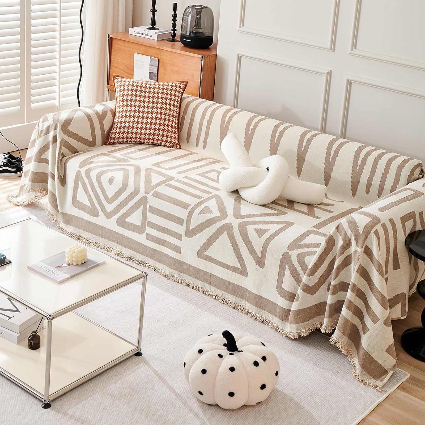 VM VOUGEMARKET Boho Couch Cover for 2 Cushion Chenille Sofa Cover Dog Proof Geometric Loveseat Sofa Slipcover L Shaped Sofa Furniture Protector with Tassels Sectional Couch Cover-71 x 118,Khaki