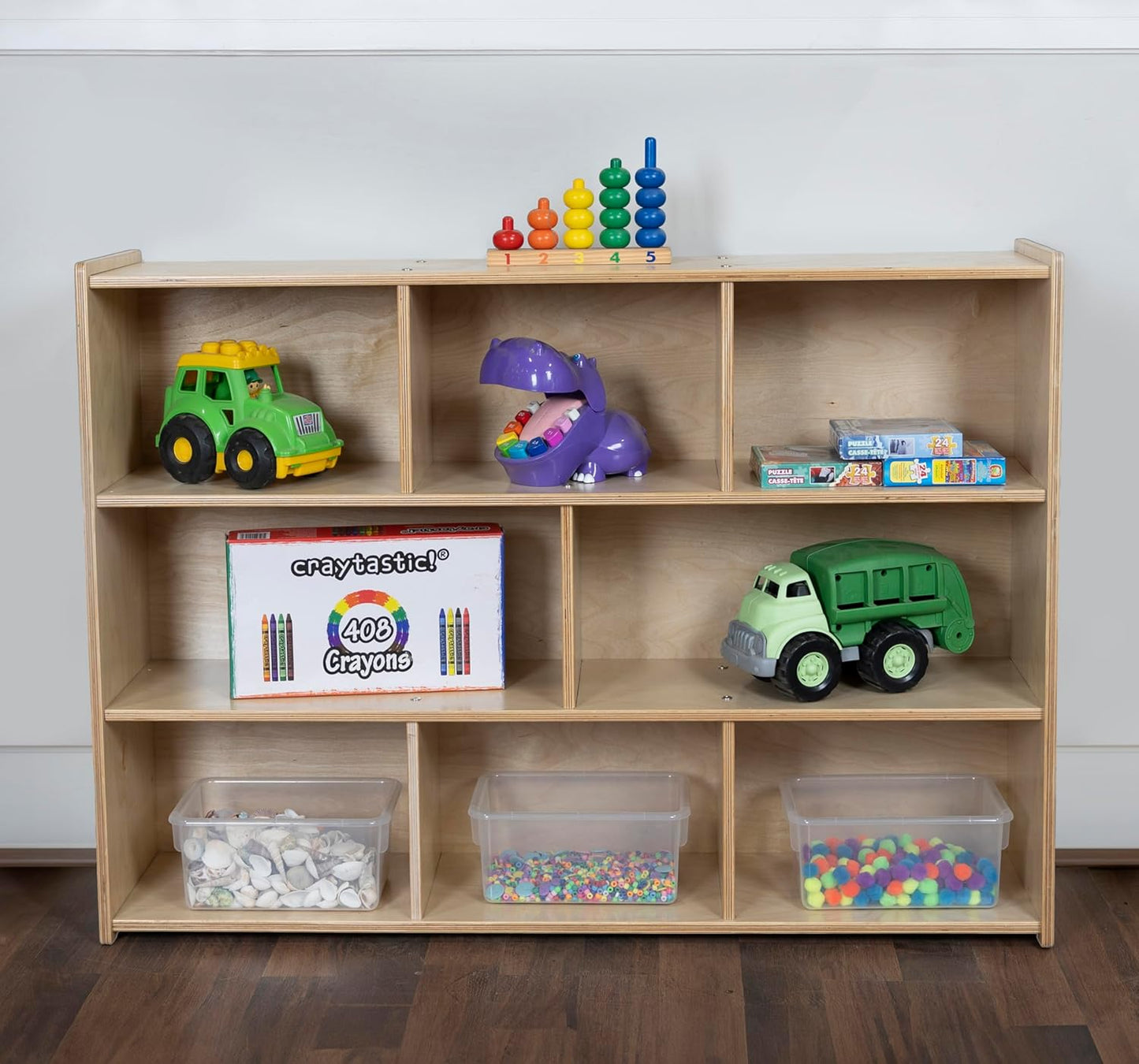 Birch Cubby Storage Organizer Bookcase, 3-Tier Open Shelves, 8-Cube Storage Organizer Display Shelf for Montessori, Kids Room, School, 34" H