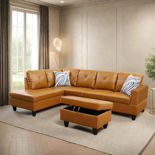 L Shaped Sectional Sofa with Ottoman, Leather Right Facing Modern Couches for Living Room, Bedroom, Office, Ginger Black
